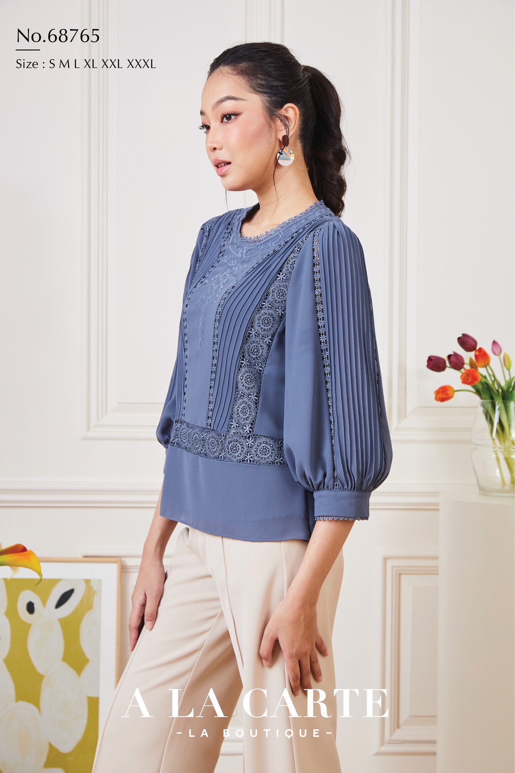 68765 เสื้อชีฟอง A LA CARTE งานปัก แทรกทริม สวยหรู มีซับใน ขนาด 3XL 46" สีขาว แดง เทา