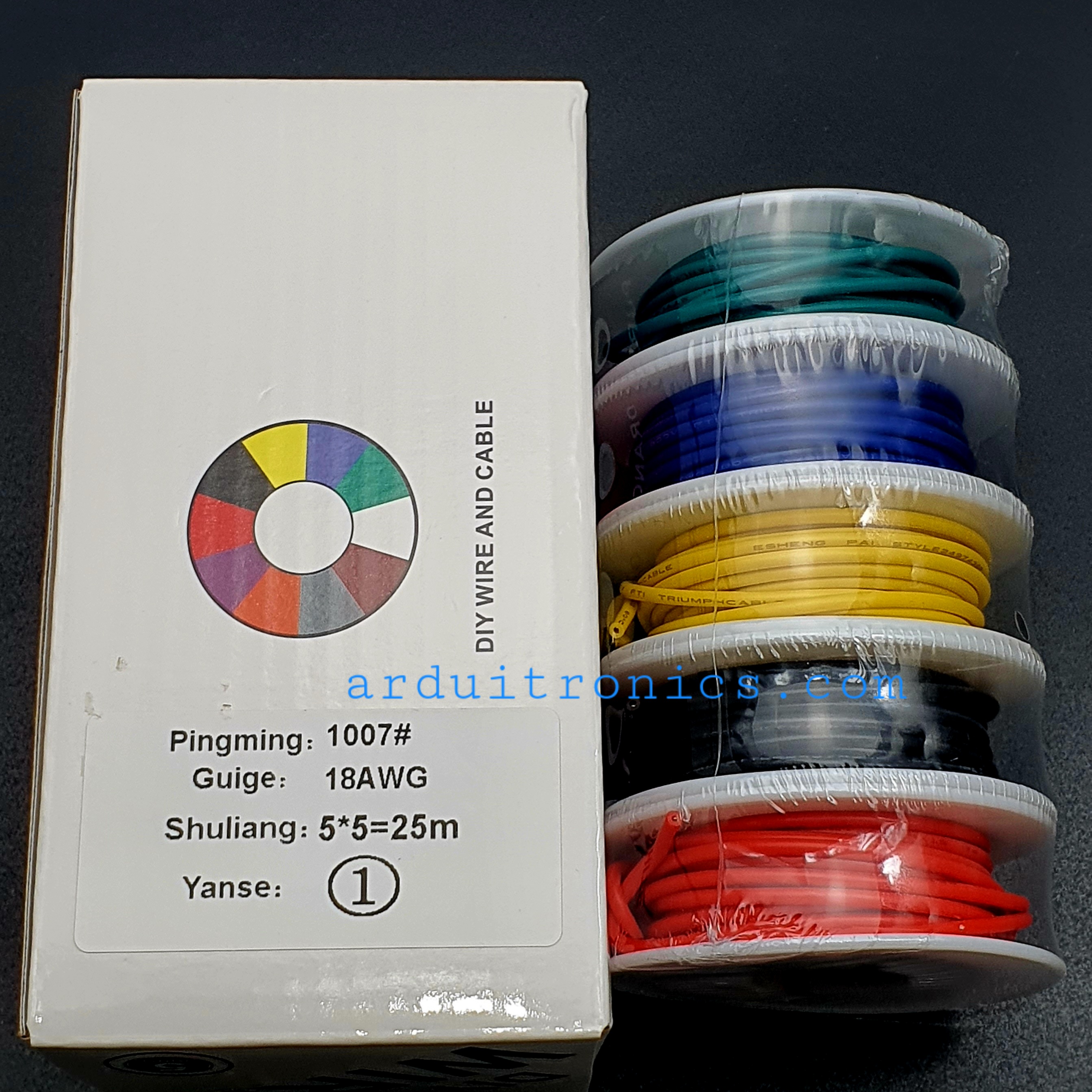 สายไฟ 5 สี สายไฟอ่อนเส้นเดี่ยว UL1007 สายไฟลวดทองแดงชุบดีบุก 18AWG ความยาวม้วนละ 5 เมตร ( สี แดง ดำ เหลือง น้ำเงิน เขียว )