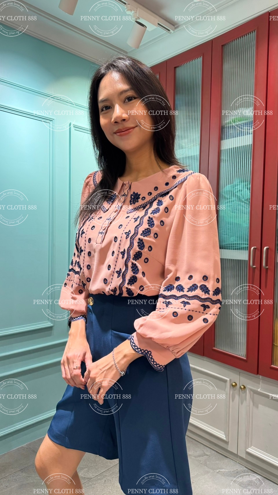 69689 เสื้อ A La Carte ชีฟองคอปก งานปักฉลุขึ้นใหม่ มีกระดุมหน้า 3 เม็ด มีซับใน by PENNY CLOTH 888