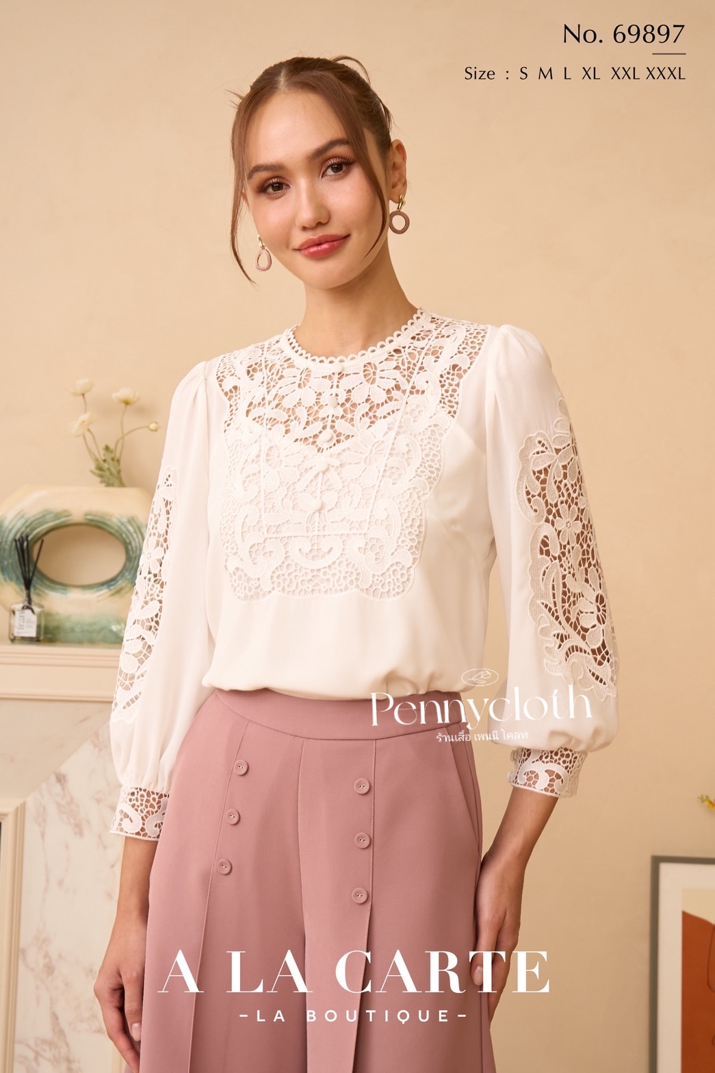 69897 เสื้อ A La Carte เสื้อชีฟองแต่งลูกไม้เนื้อทอ ช่วงอก และแขน by PENNY CLOTH
