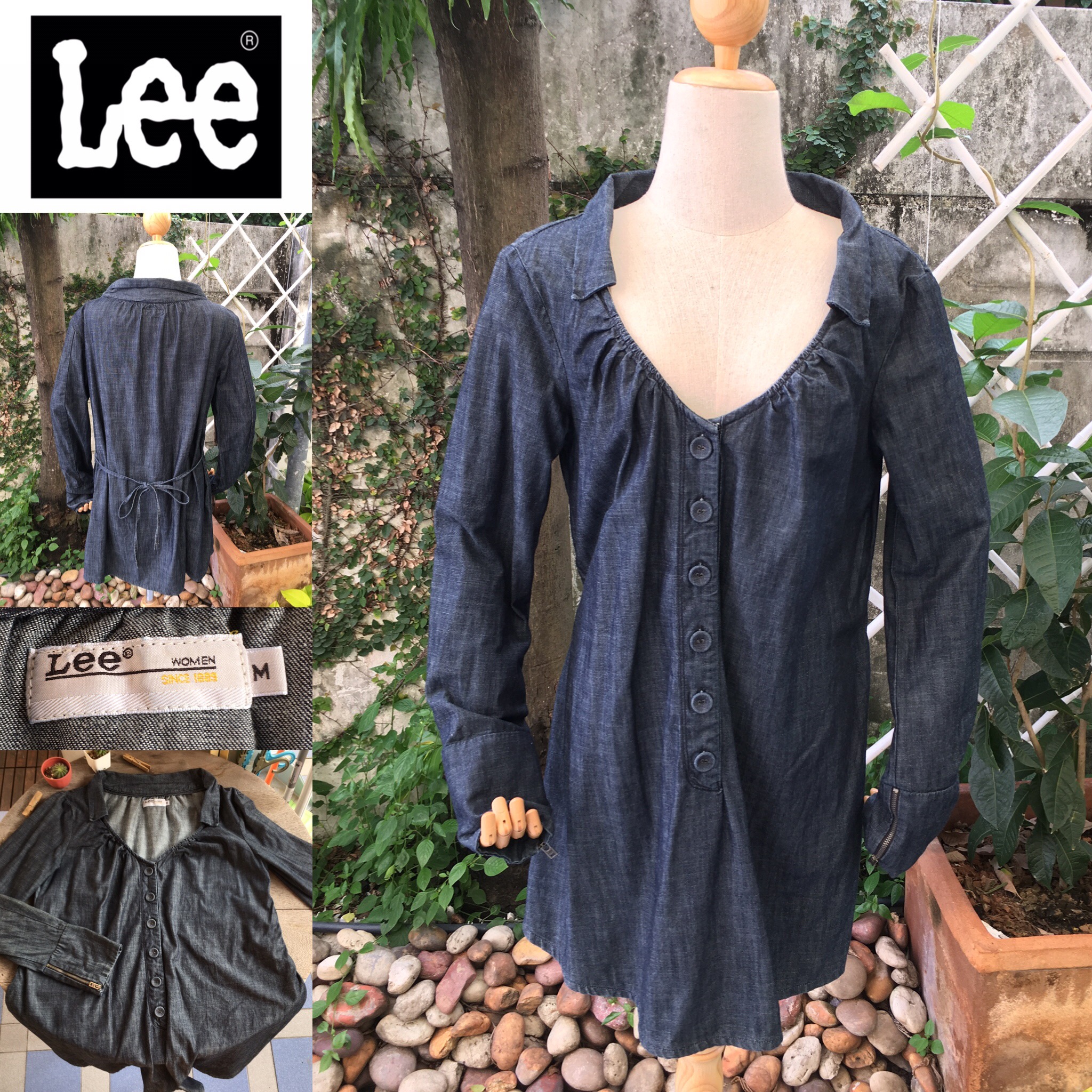 2is1bro แบรนด์แท้ Lee เดรสยีนส์ แขนยาว คอลึก ผูกหลัง มือสอง พร้อมส่ง sz M