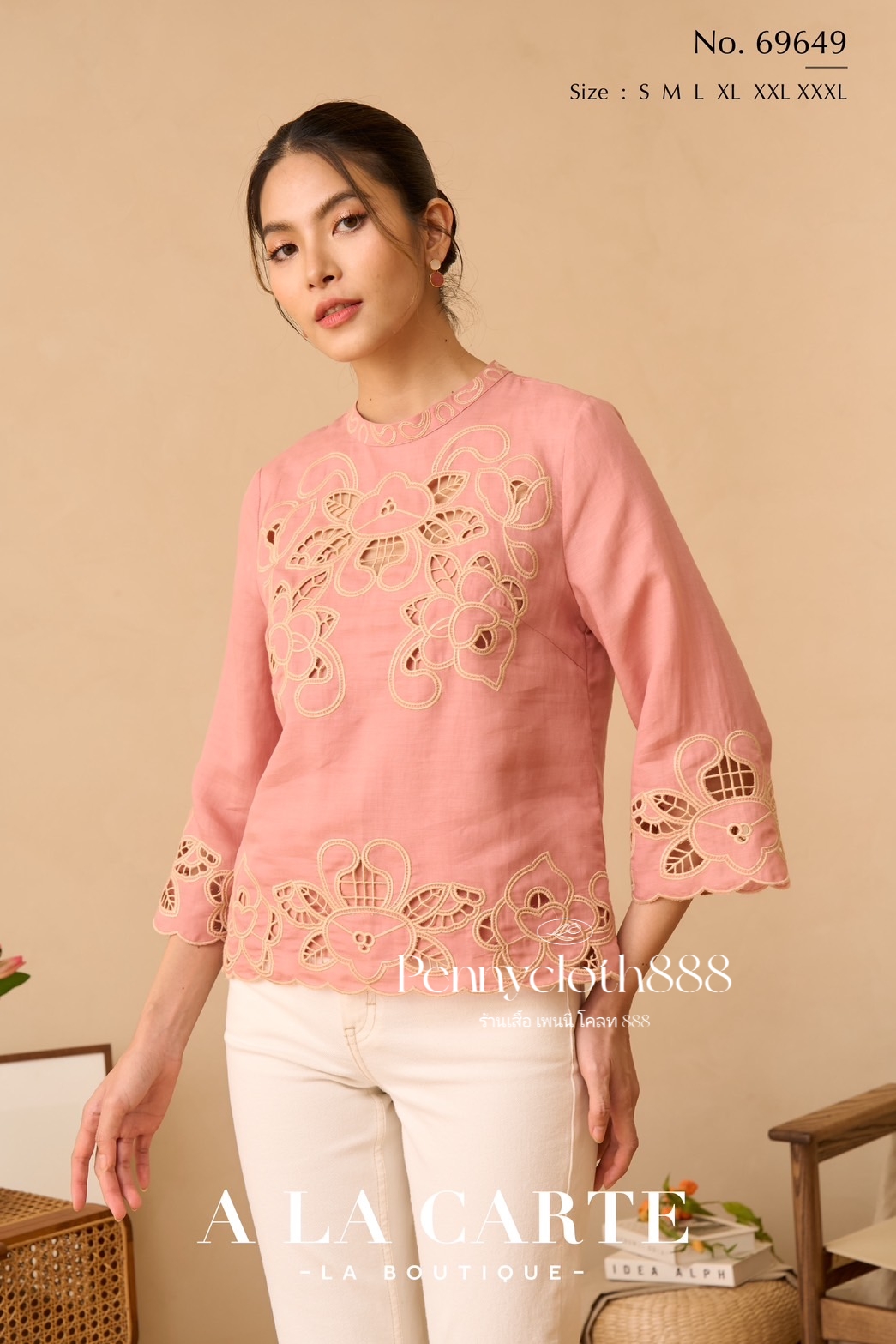 69649 เสื้อลินินแท้เนื้อนุ่ม งานปัก เซาะฉลุ ด้ายทูโทน คอกลม แขน 4 ส่วน มีซับใน สวยหรู