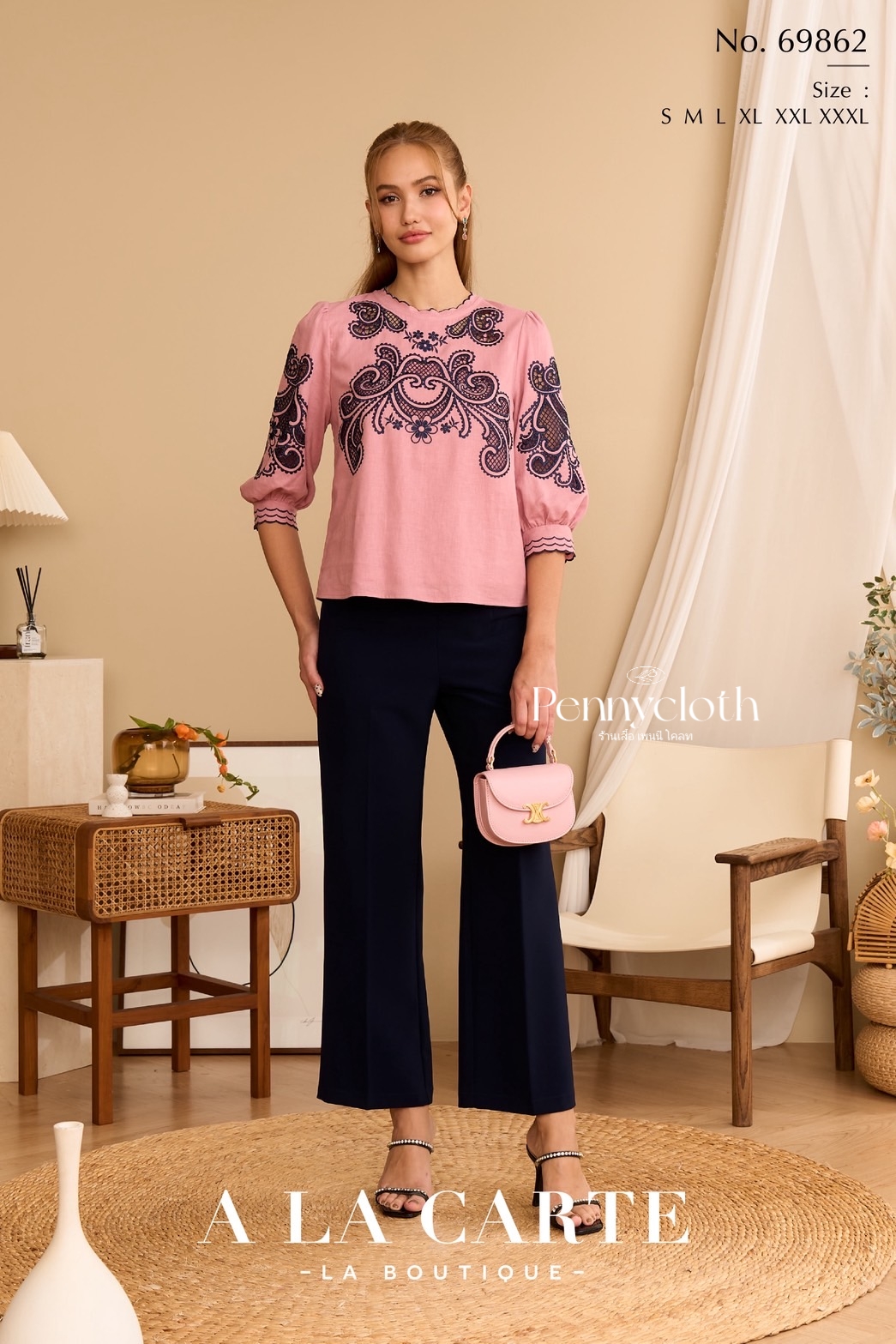 69862 เสื้อ A La Carte ลินินผสมคอตตอน งานปักฉลุ มีซับ เนื้อดีใส่สบาย by PENNY CLOTH