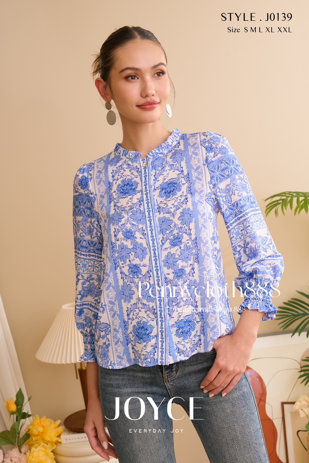 J0139 เสื้อ Joyce เบลาส์เชิ้ตชีฟองพิมพ์ลายใหม่ กระดุมหน้า แขน 3 ส่วนปลายสม็อก เนื้อผ้าเย็นใส่สบาย ไม่มีซับใน