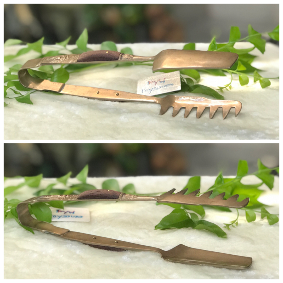Antique brass food tongs ที่คีบอาหาร ที่คีบขนม ของหวาน ตอกลายเทพพนม เนื้อทองเหลืองหนาๆ ด้ามจับเสริมด้วยไม้แท้
