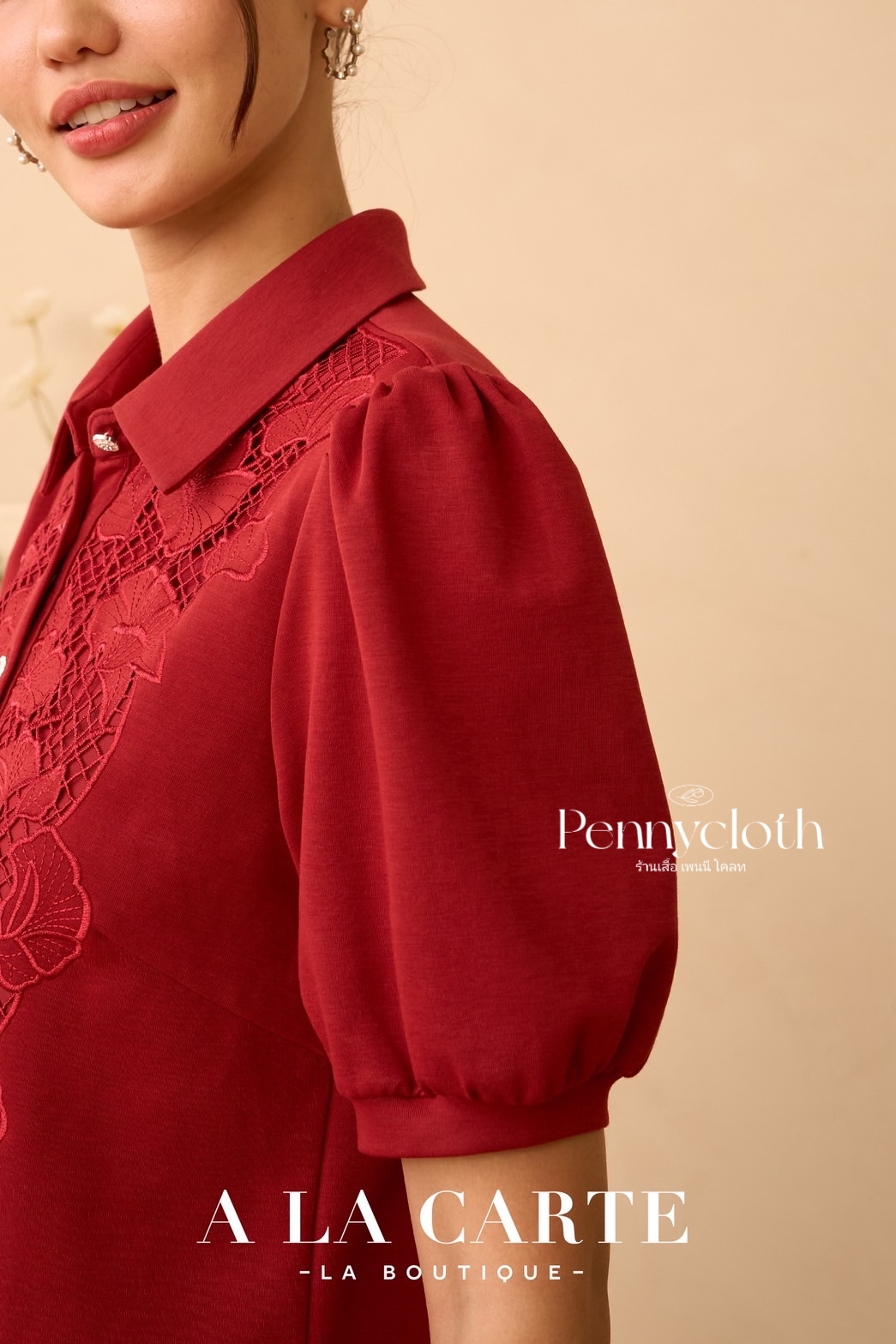 69969 เสื้อยืด A La Carte คอปกโปโล แขนสั้น งานปักฉลุ by PENNY CLOTH อก 38-46"