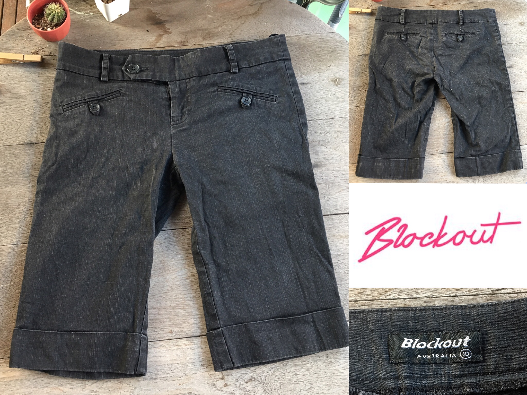 2sis1bro แบรนด์แท้ Blockout กางเกงยีนส์ สีดำ ปลายขาสามส่วน มือสอง พร้อมส่ง sz 10