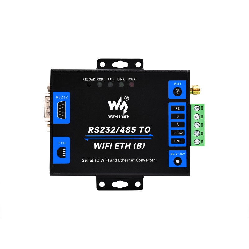 Industrial Grade Serial Server RS232/485 To WiFi and Ethernet, Modbus Gateway, MQTT Gateway, Metal Case (ของแท้จาก Waveshare) มาพร้อมเสาอากาศแบบแข็ง