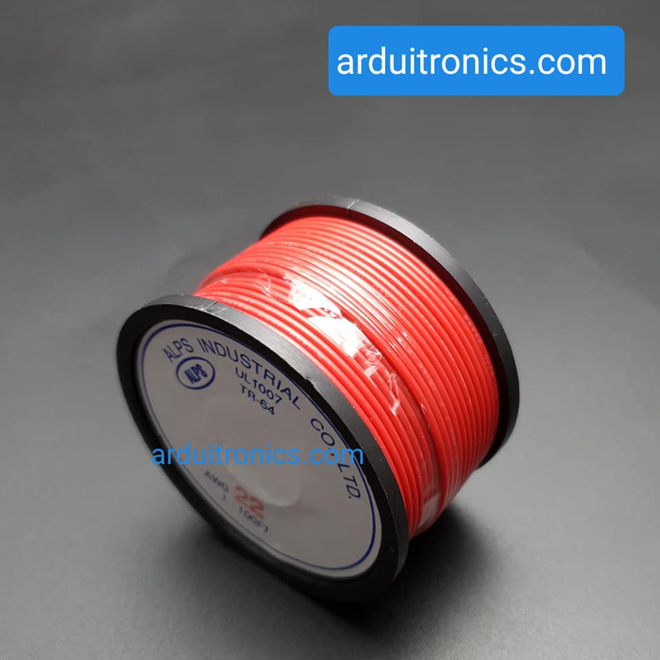 สายไฟแกนแข็งเส้นเดี่ยว 22AWG UL1007 (0.3 sqmm.) ความยาว 100 ฟุต (33 เมตร) Red