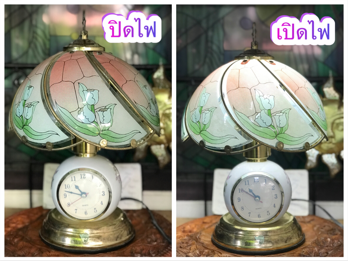 ของเก่าใช้งานได้ปกติ โคมไฟนาฬิกาตั้งโต๊ะ โคมไฟโบราณ โคมไฟวินเทจ ไม่แตก ไม่หัก สำหรับแต่งบ้าน คอนโด ร้านอาหาร ร้านกาแฟ แนววินเทจ ขนาดกว้าง 10 นิ้ว สูง 14 นิ้ว