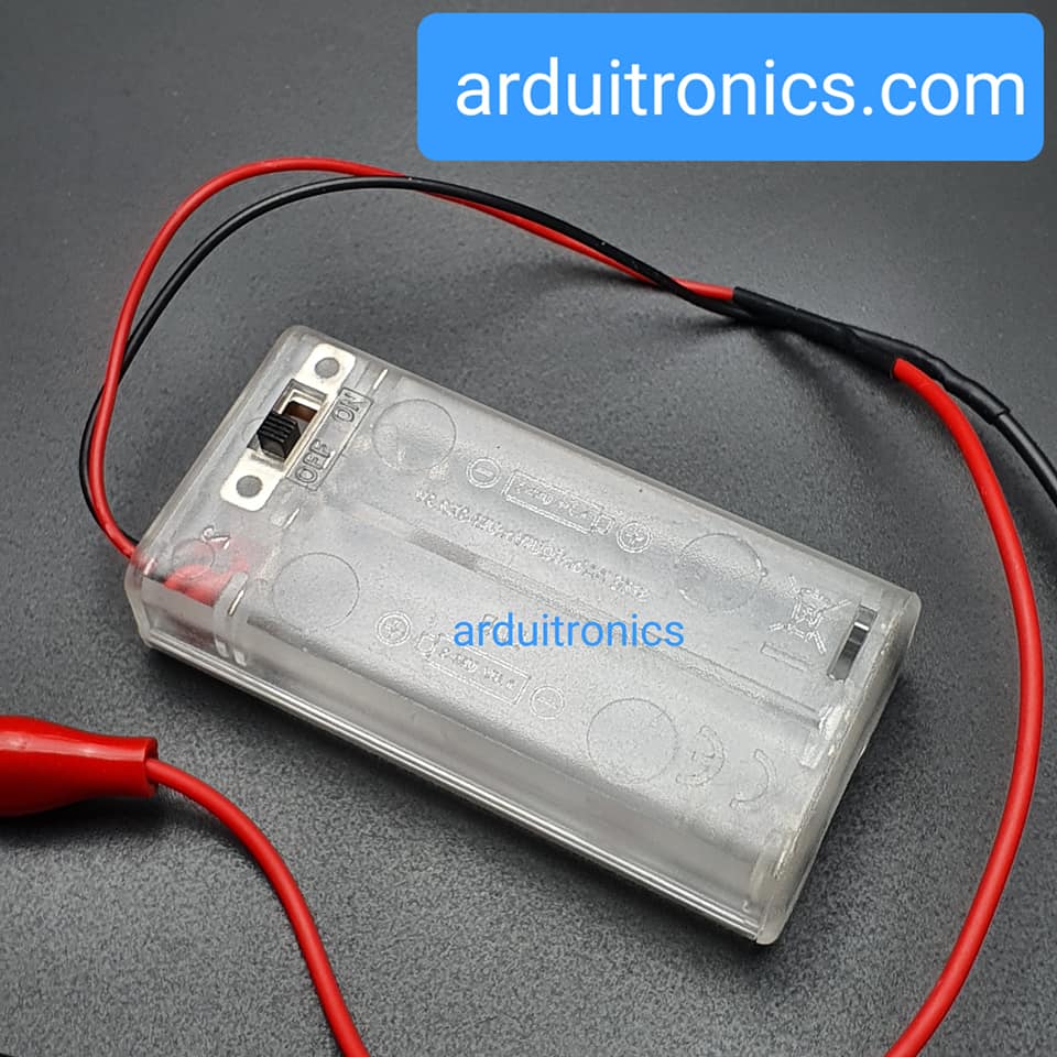Alligator Clip Battery Box รางถ่าน 2 ก้อน AA 3V (ก้อนละ 1.5V) แบบมีฝาปิด และมีสวิทช์เปิดปิด พร้อมหัวสายไฟหนีบปากจระเข้