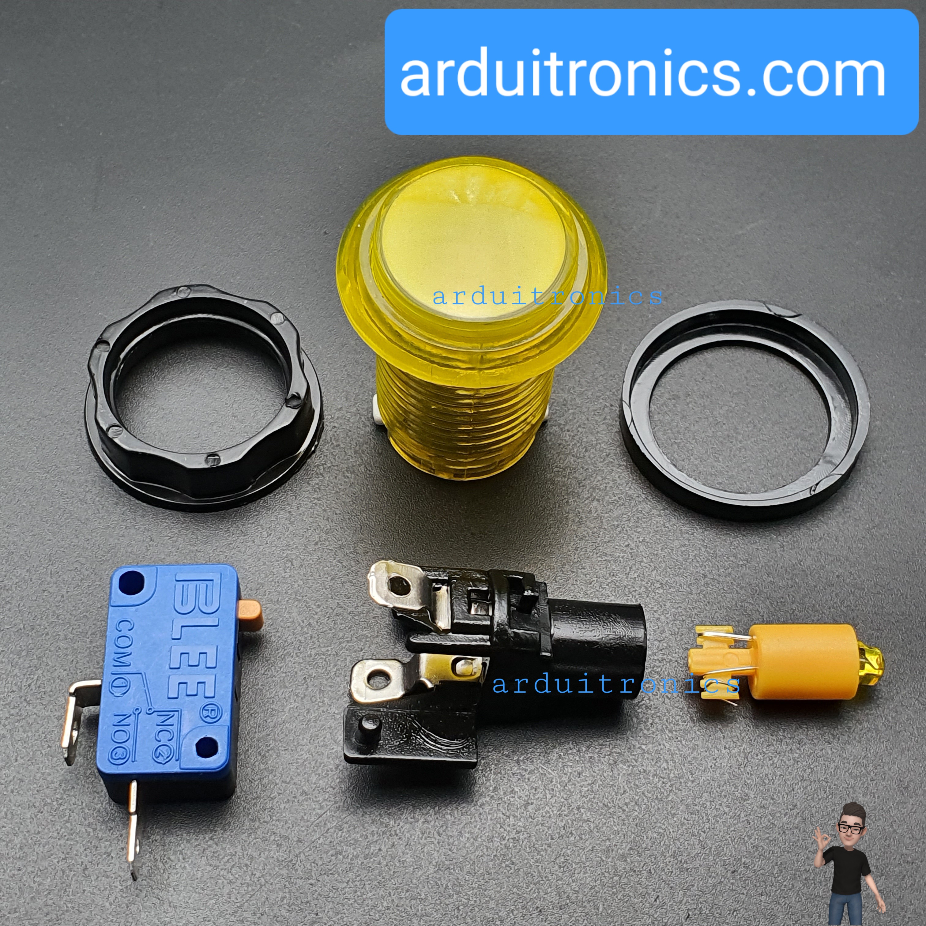 ปุ่มกดตู้เกม สวิตช์กดติดปล่อยดับขนาด 33mm พร้อมไฟ LED สีเหลือง