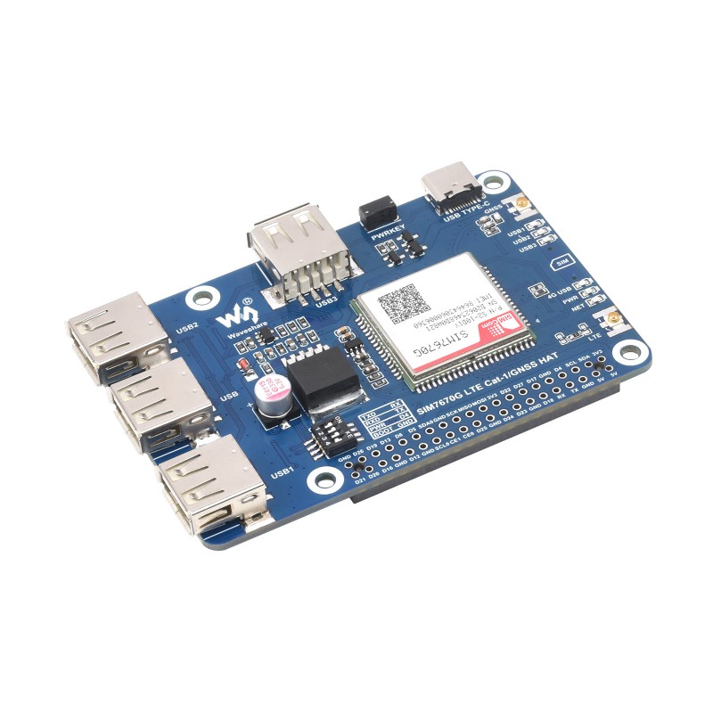 Cat-1/GNSS HAT for Raspberry Pi, Based On SIM7670G Module, Global Multi-band LTE 4G Cat-1 support, GNSS Positioning, 3x USB 2.0 extended ports(Waveshare)