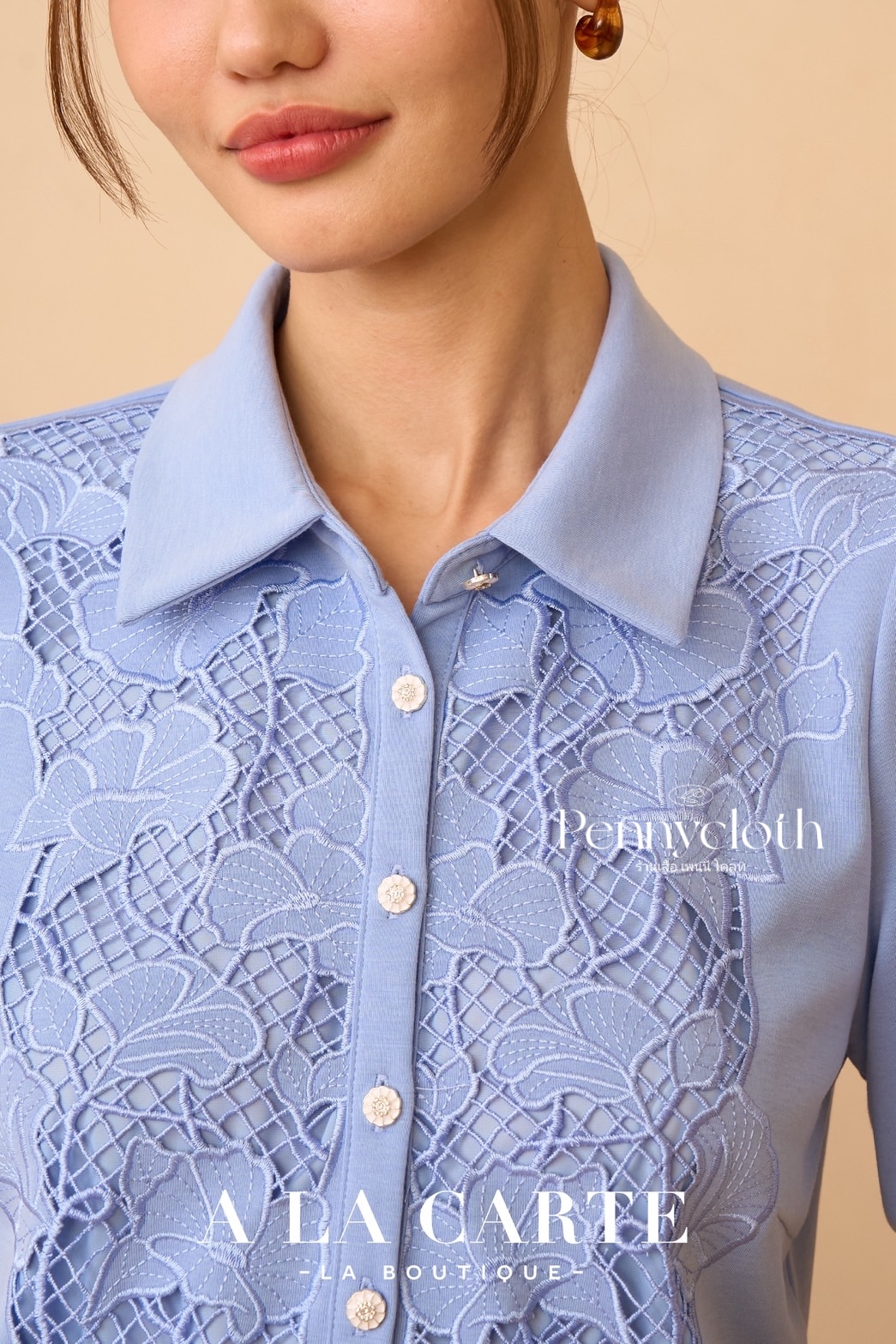 69969 เสื้อยืด A La Carte คอปกโปโล แขนสั้น งานปักฉลุ by PENNY CLOTH อก 38-46"