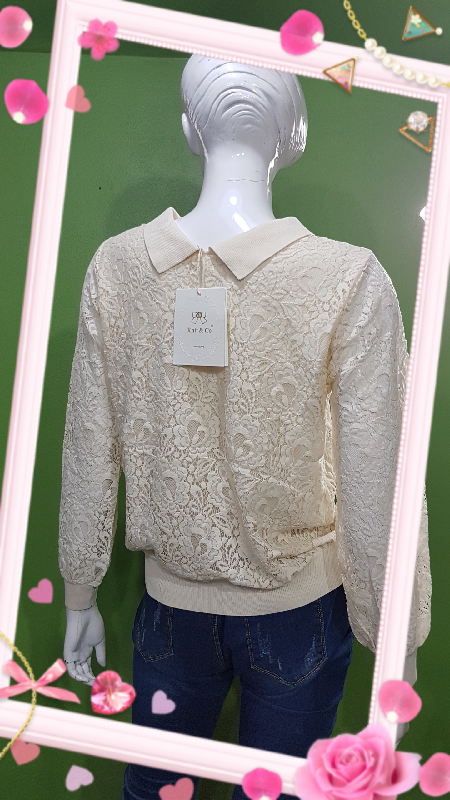 เสื้อแฟชั่นผ้าลูกไม้ Knit&Co คอปกแขนยาวเอวจั้ม มีซับในตัว ผ้าไม่หนาค่ะ สินค้าพร้อมส่ง สีชมพู ค่ะ
