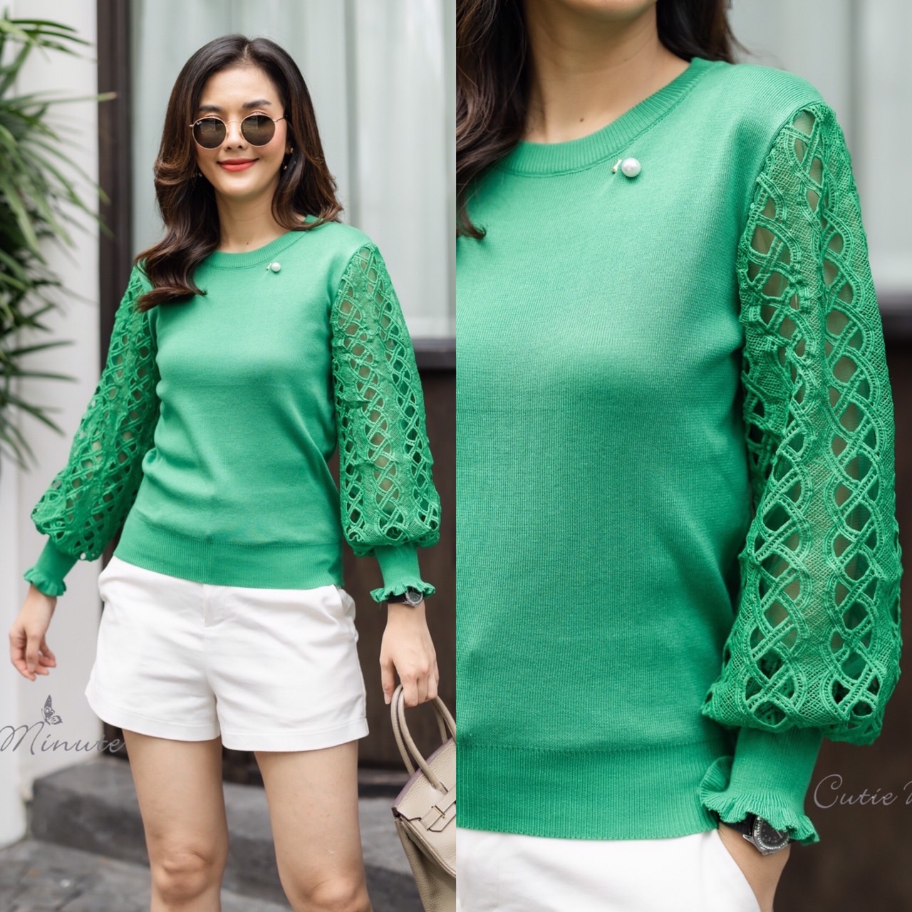 P8836 🍀🔮💚เสื้อไหมพรม+เข็มกลัดเกรดพรีเมียม เนื้อนุ่ม ยืดหยุ่นใส่สบาย แขนแต่งด้วยผ้าลูกไม้อย่างดี เหมาะกับสาวอกจริง 32-38" มี 4 สีชมพู เขียวไมโล เขียวตุ่น