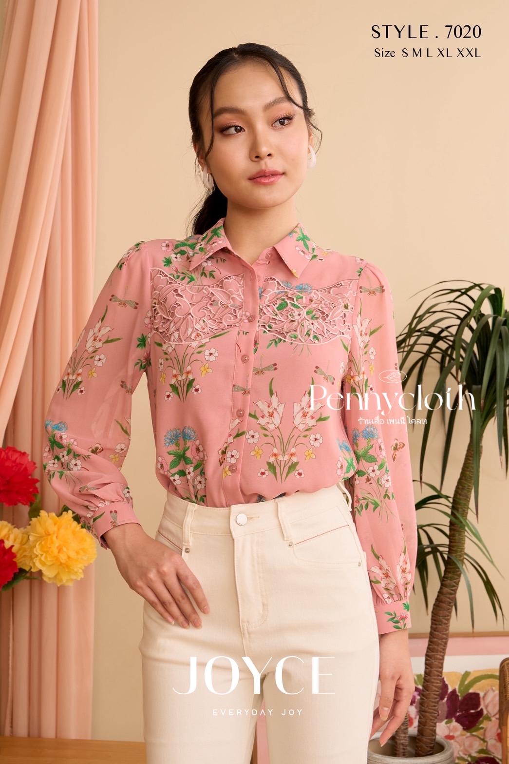 7020 เสื้อเชิ้ตแขนยาว Joyce ผ้าชีฟองพิมพ์ลาย งานปักฉลุ มีซับใน by PENNY CLOTH