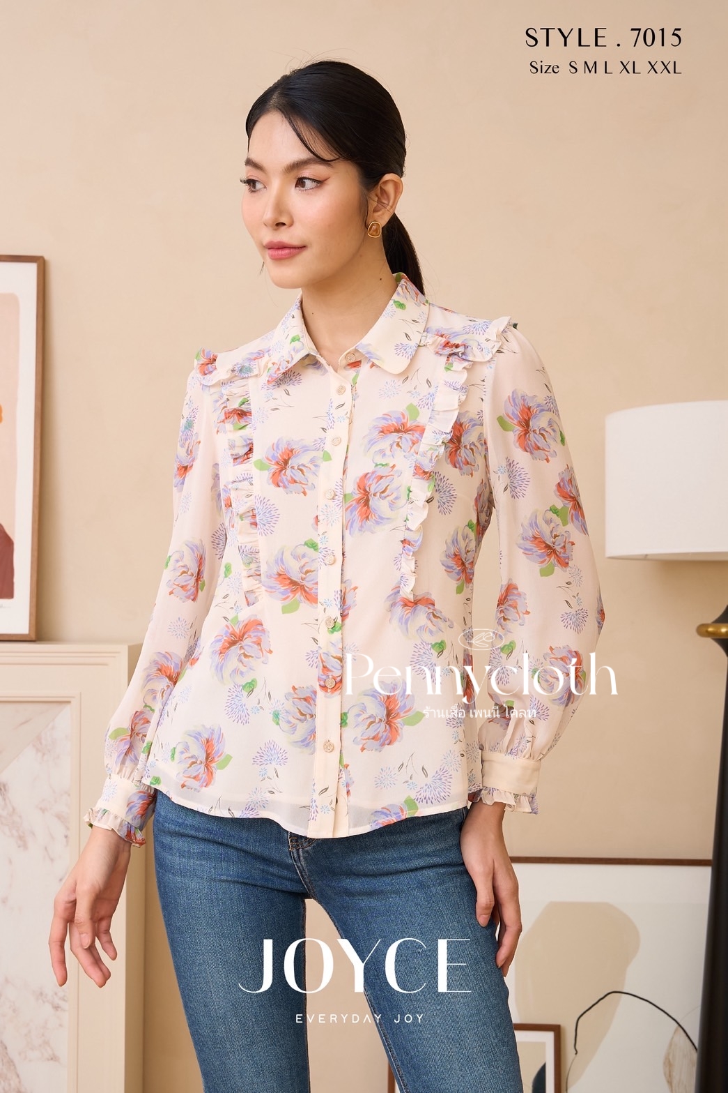 7015 เสื้อเชิ้ต Joyce ชีฟองพิมพ์ลาย แต่งระบาย มีกระดุมหน้า ซับใน แขนยาว by PENNY CLOTH