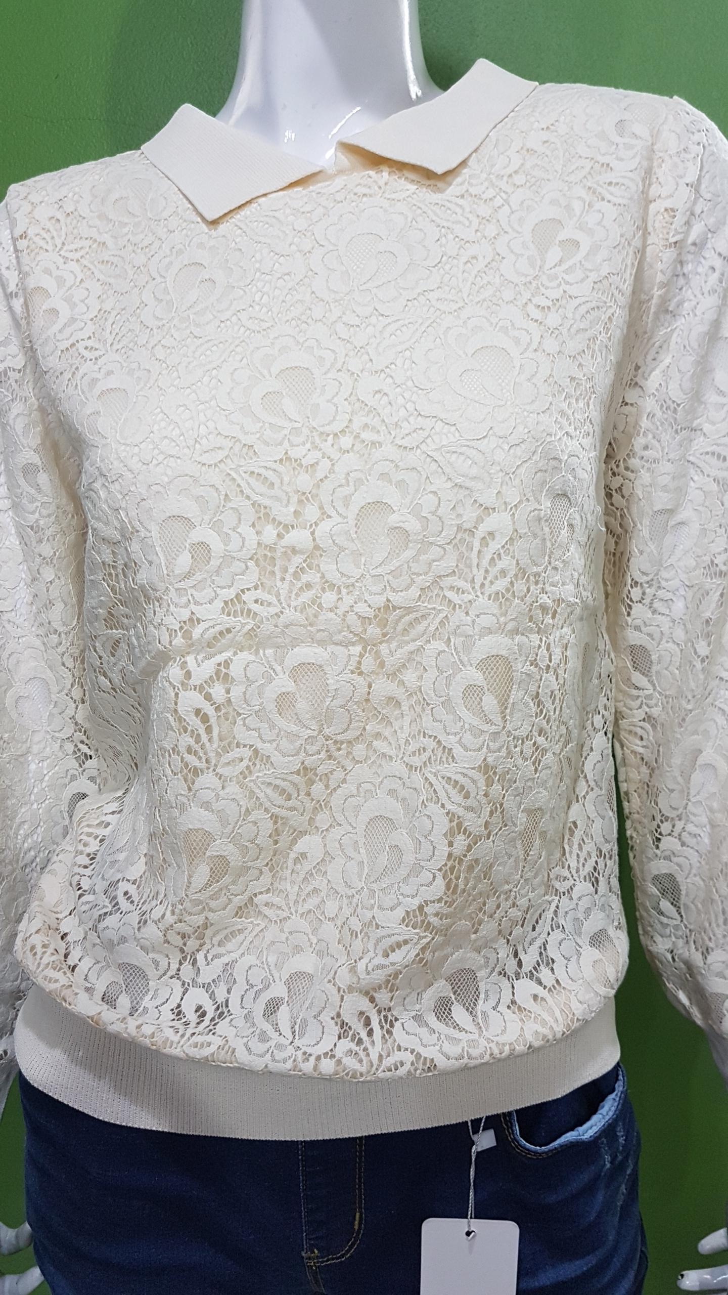 เสื้อแฟชั่นผ้าลูกไม้ Knit&Co คอปกแขนยาวเอวจั้ม มีซับในตัว ผ้าไม่หนาค่ะ สินค้าพร้อมส่ง สีชมพู ค่ะ