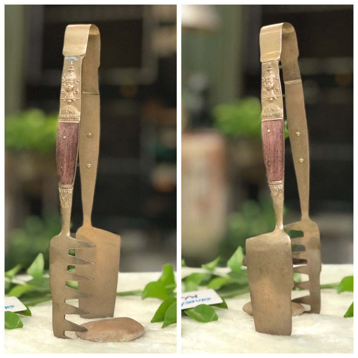 Antique brass food tongs ที่คีบอาหาร ที่คีบขนม ของหวาน ตอกลายเทพพนม เนื้อทองเหลืองหนาๆ ด้ามจับเสริมด้วยไม้แท้