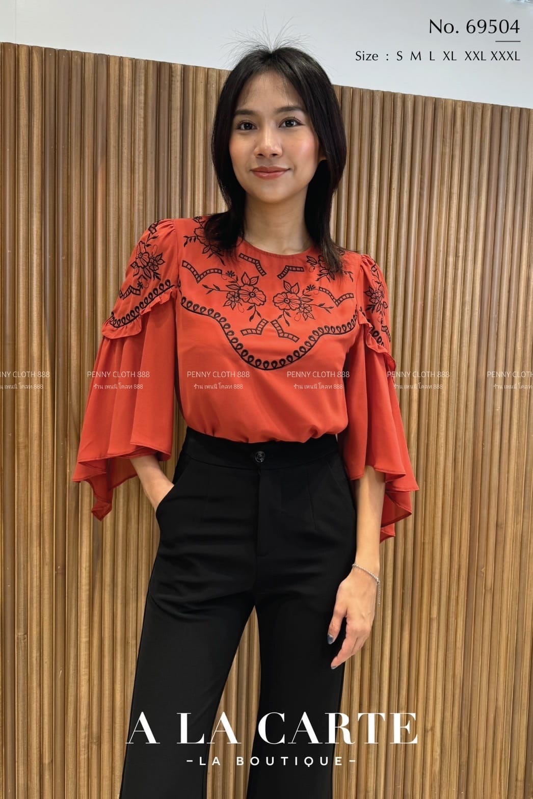 69504 เสื้อ A La Carte ชีฟอง งานปักด้ายดำ มีซับใน ทรงแขนระบายสวยเก๋ สีส้ม M-3XL สีเทา S-XL สีเขียว S-3XL