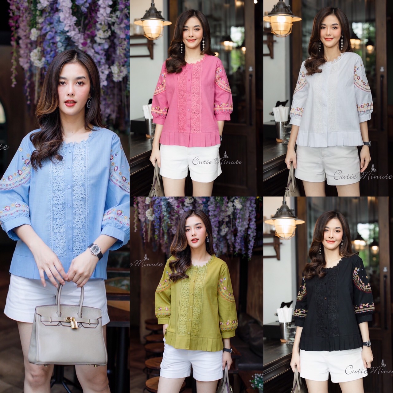 P3809 เสื้อลินินเกรดพรีเมี่ยม เนื้อผ้าขึ้นลาย เนื้อผ้ามีความนุ่ม งานปักลายดอกไม้โค้งสวยงาม แต่งลูกไม้ลายช่วงกลางอกเพิ่มความสวย ชายเสื้อจับจีบนิดๆงานเนียบ ใส่สวย ใส่สบาย อก 44 นิ้ว สีฟ้า สีชมพู สีขาว สีดำ เขียว