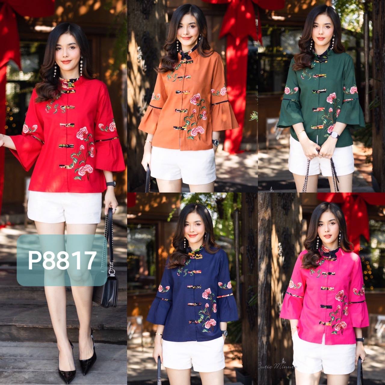 P8817 เสื้อตรุษจีนผ้าฝ้ายลินินเกาหลี ดีเทลปกคอ2ชั้นจับจีบ แขนจับจีบบานนิดๆ งานปักดอกไม้ อก 44" มี สี เเดง เขียว กรม บานเย็น