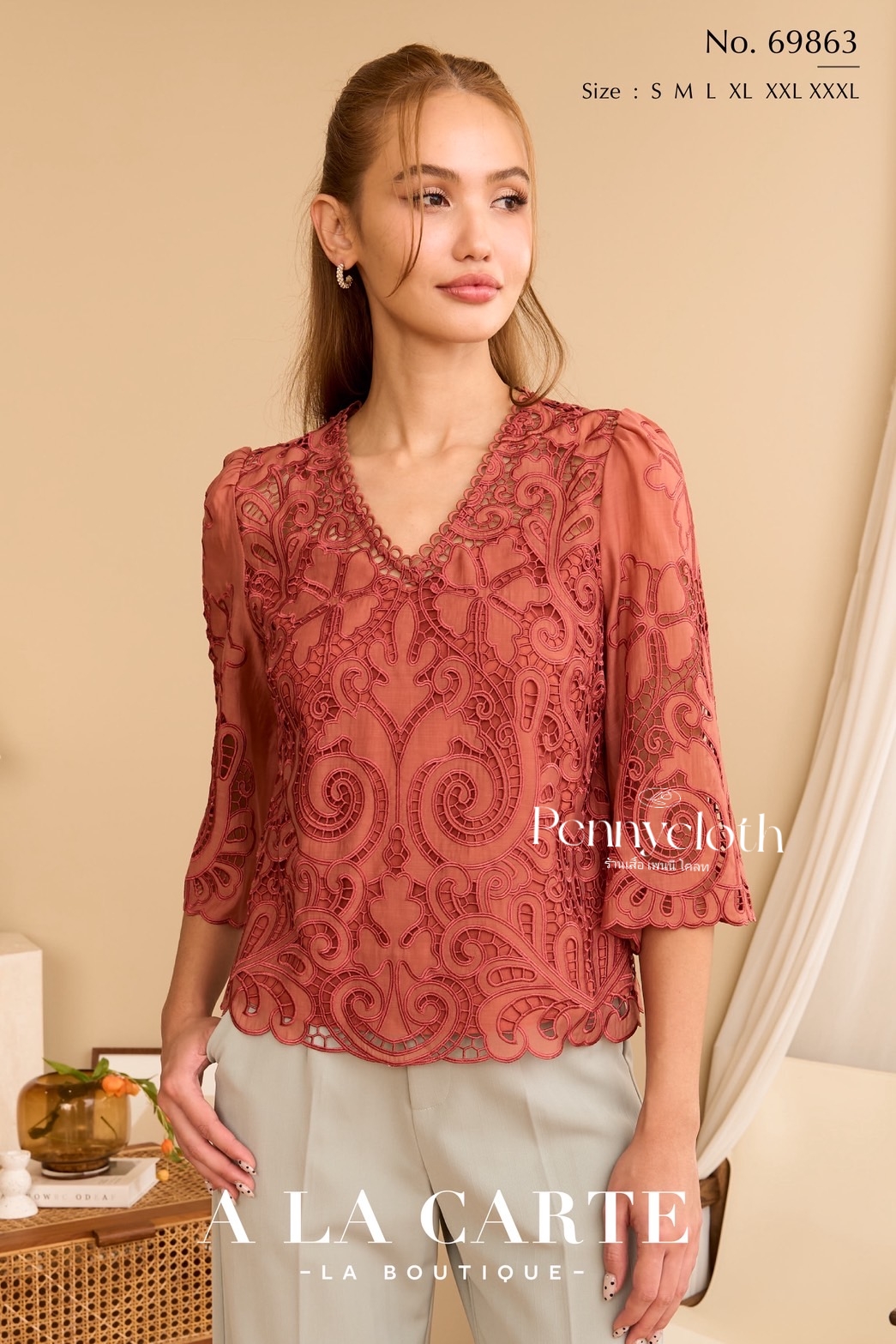 69863 เสื้อ A La Carte ชีฟองซิลด์ งานปักฉลุ มีซับใน คอวี แขน 3 ส่วน by PENNY CLOTH