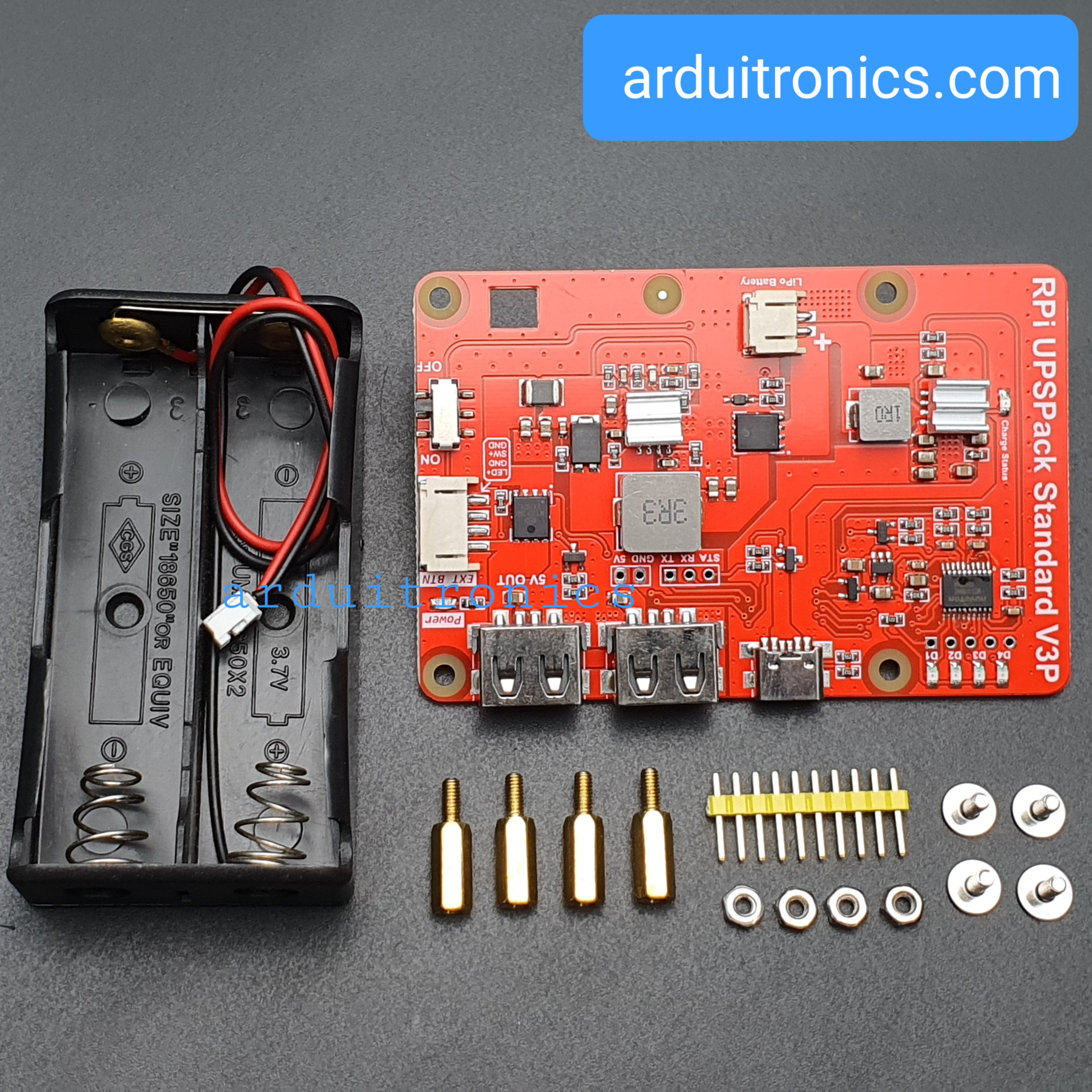 Raspberry Pi (RPi) UPSPack Standard V3 PCB สีแดง + Battery Box 18650