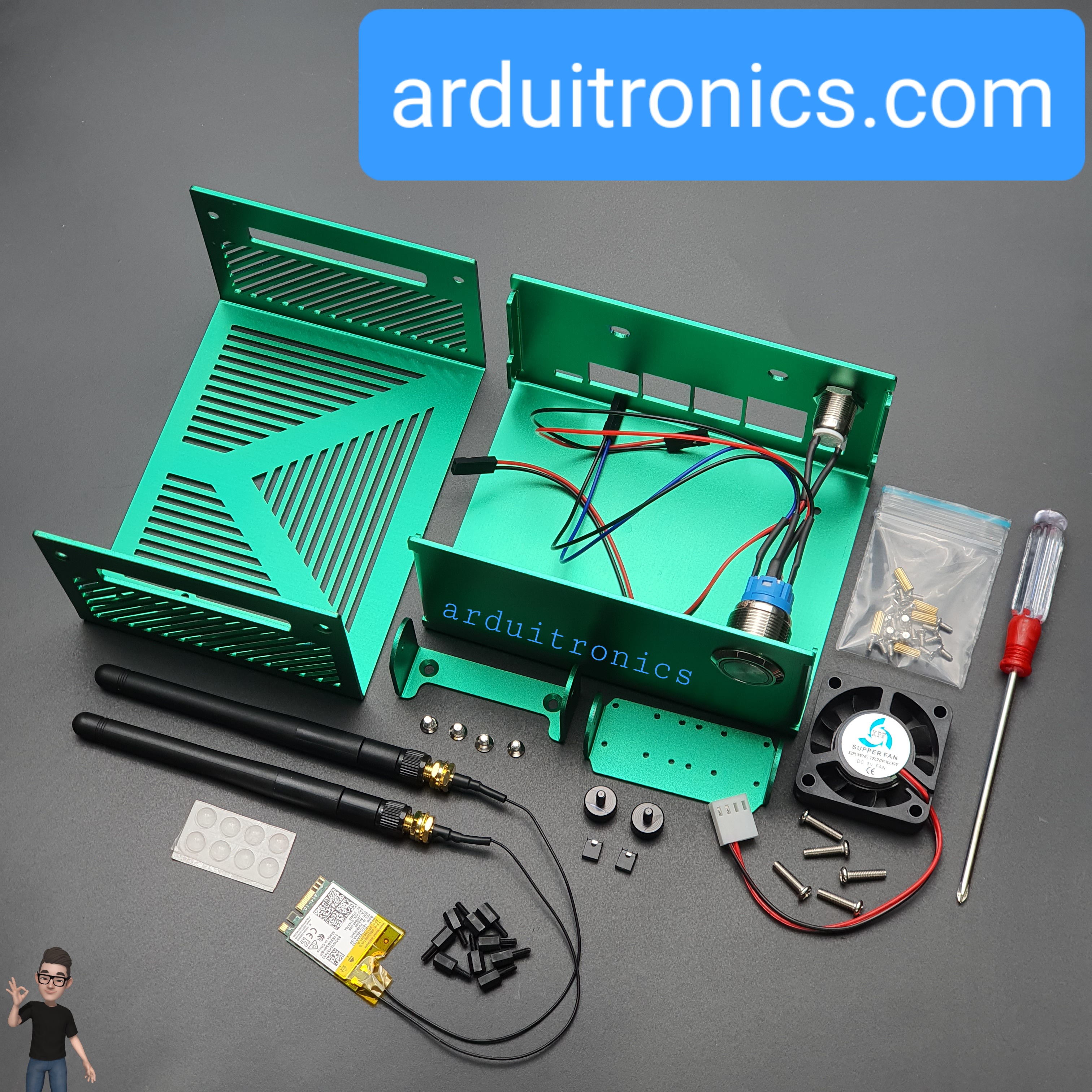 Case สำหรับ Nvidia Jetson Nano 4GB Aluminum Alloy (Green) Chassis with ชิป WiFi + Antennas + Fan