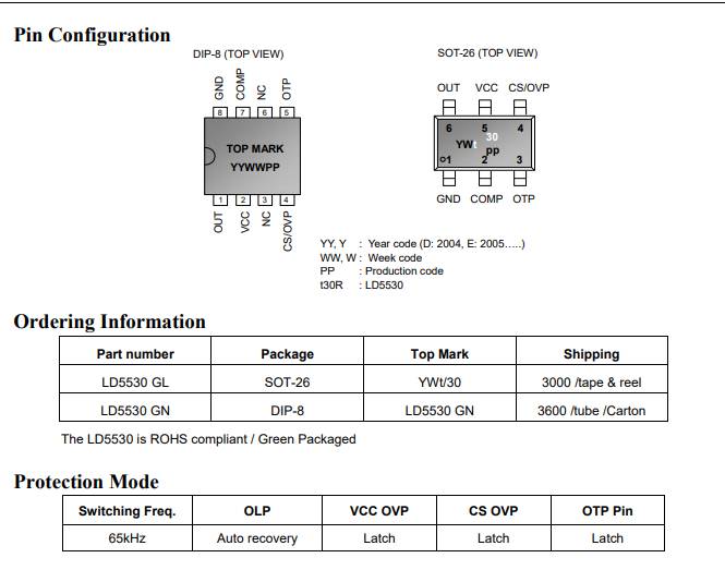 IC PWM controller : LD5530RGL LD5530 , 30R sot23-6 แพ็ค 2 ตัว