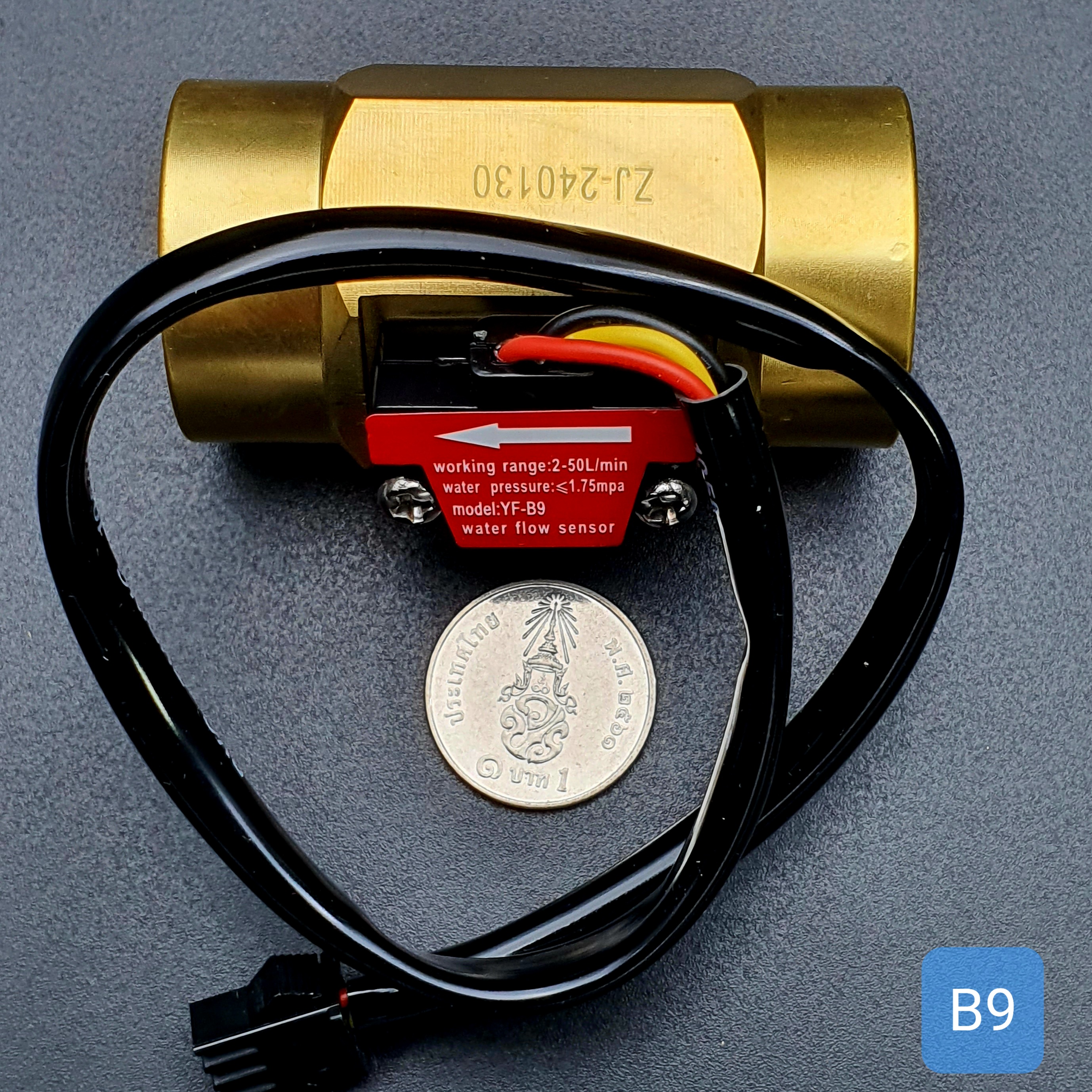 B9 เซ็นเซอร์วัดอัตราการไหลของน้ำ ทองแหลือง 3/4นิ้ว 6หุน Water Flow sensor 2-50L/min Size 58 mm