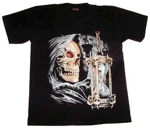 เสื้อยืดแฟชั่นผู้ชายสุดเท่ห์ ลายปิศาจหัวกระโหลกนิรนาม กับนาฬิกาทรายเวลาแห่งความตาย สกรีนหน้าหลัง ด้านหน้าสกรีนสี ด้านหลังสกรีน ขาว-ดำ size L