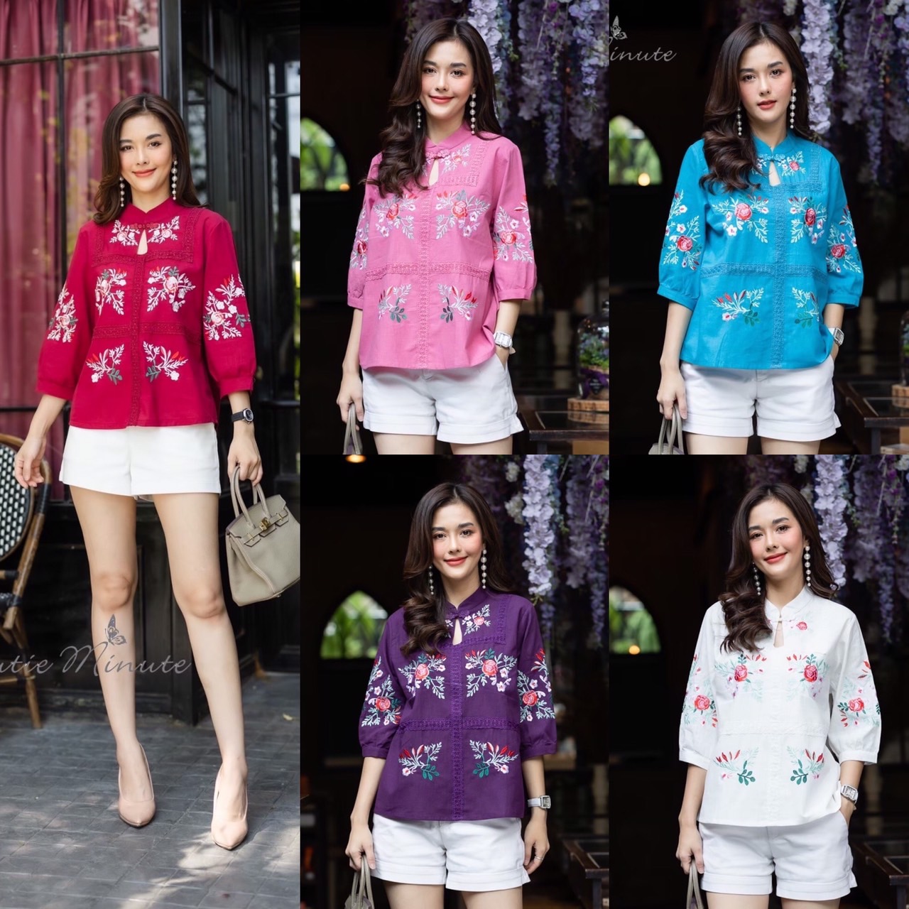 P1110 เสื้อลินินเกรดพรีเมี่ยม เนื้อผ้าขึ้นลาย มีความนุ่ม งานปักฝีมือสวย ดีเทลปักลายดอกไม้สีสันสดใส แต่งแถบลูกไม้เนื้อหนา คอกระดุมจีน ใส่สวย ใส่สบาย ขนาดอก 44 นิ้ว สีแดง ชมพู ม่วง ฟ้า