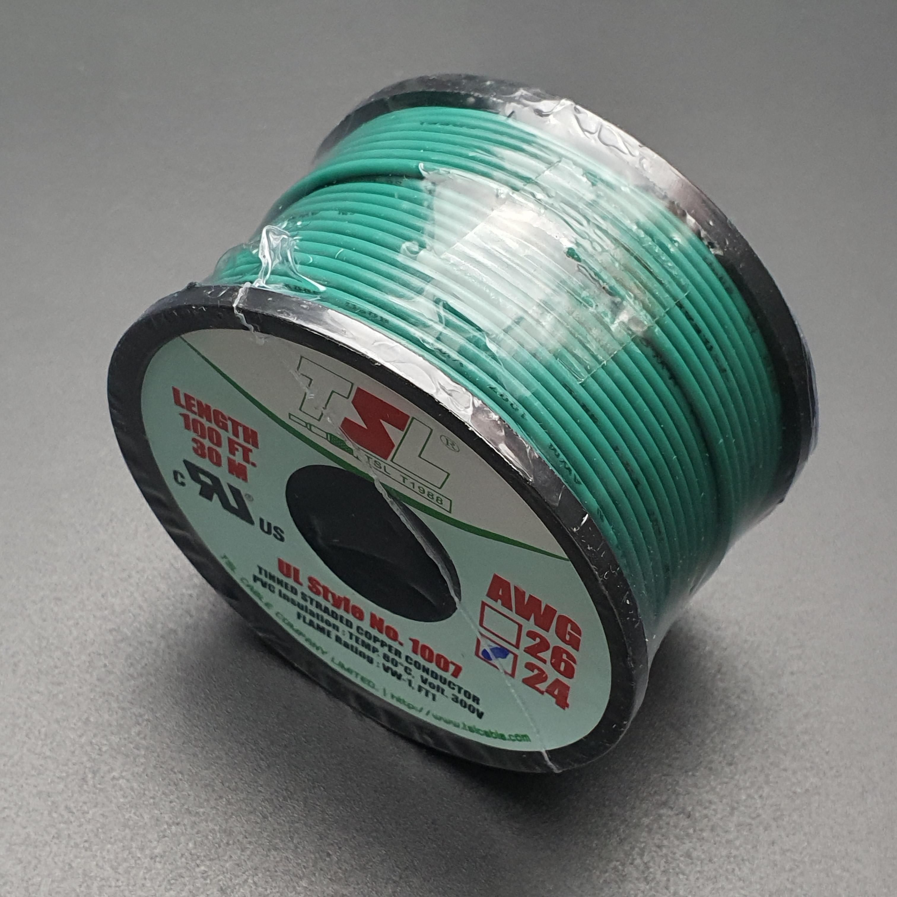 สายไฟอ่อน 24AWG UL1007 100ft สีเขียว