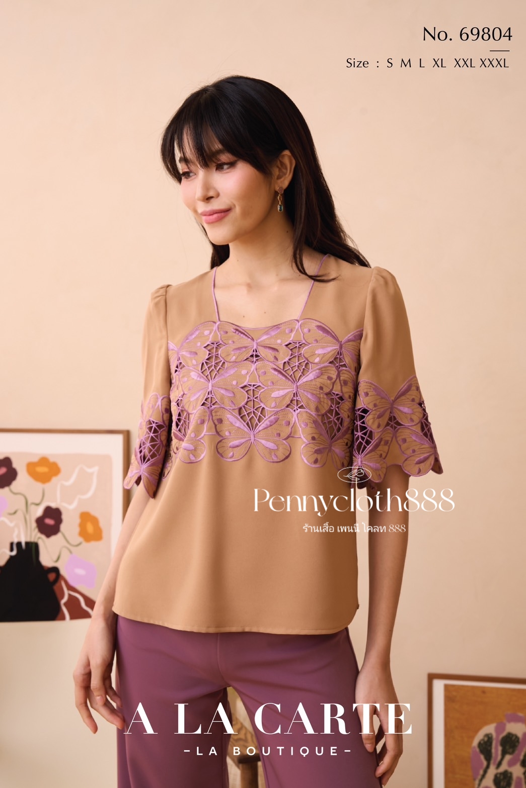 69804 เสื้อ A La Carte เครปคอเหลี่ยม งานปักผีเสื้อ แขนสั้นทรงแฟร์ มีซับ by PENNY CLOTH 888