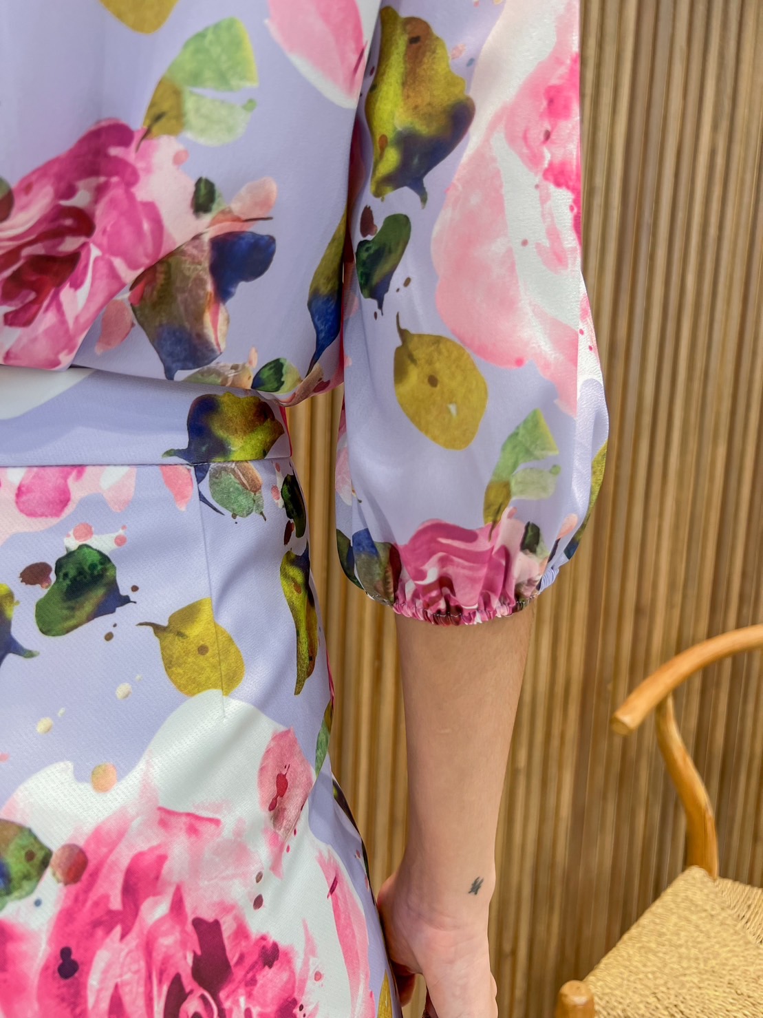 JS0059B 👛🌹A la carte🛍ชุดเซทเสื้อจอร์เจีย กางเกงพิมพ์ลาย ใส่สบาย แขน 3 ส่วน กางเกง5 ส่วนทรงกระบอก 🍀สีม่วง XL
