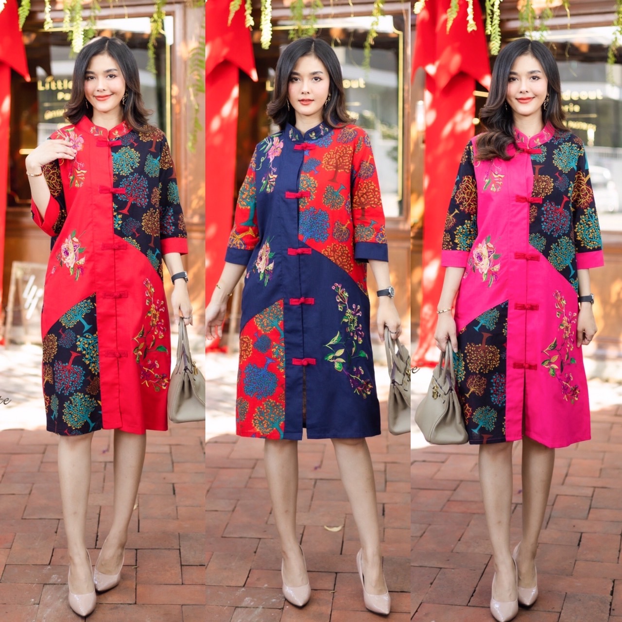 P8843A🧧ช้อปดีมีคืน💐เดรสผ้าฝ้ายลินินเกาหลี เนื้อผ้าหนากำลังดี เดรสสไตล์จีน งานแต่งผ้าพื้นและผ้าลายดอกไม้สลับกัน งานปักสวยเก๋ด้านหน้าหลัง เดรสมีกระเป๋า อก 44" ยาว 41" มี 3 สี เเดง กรม บานเย็น