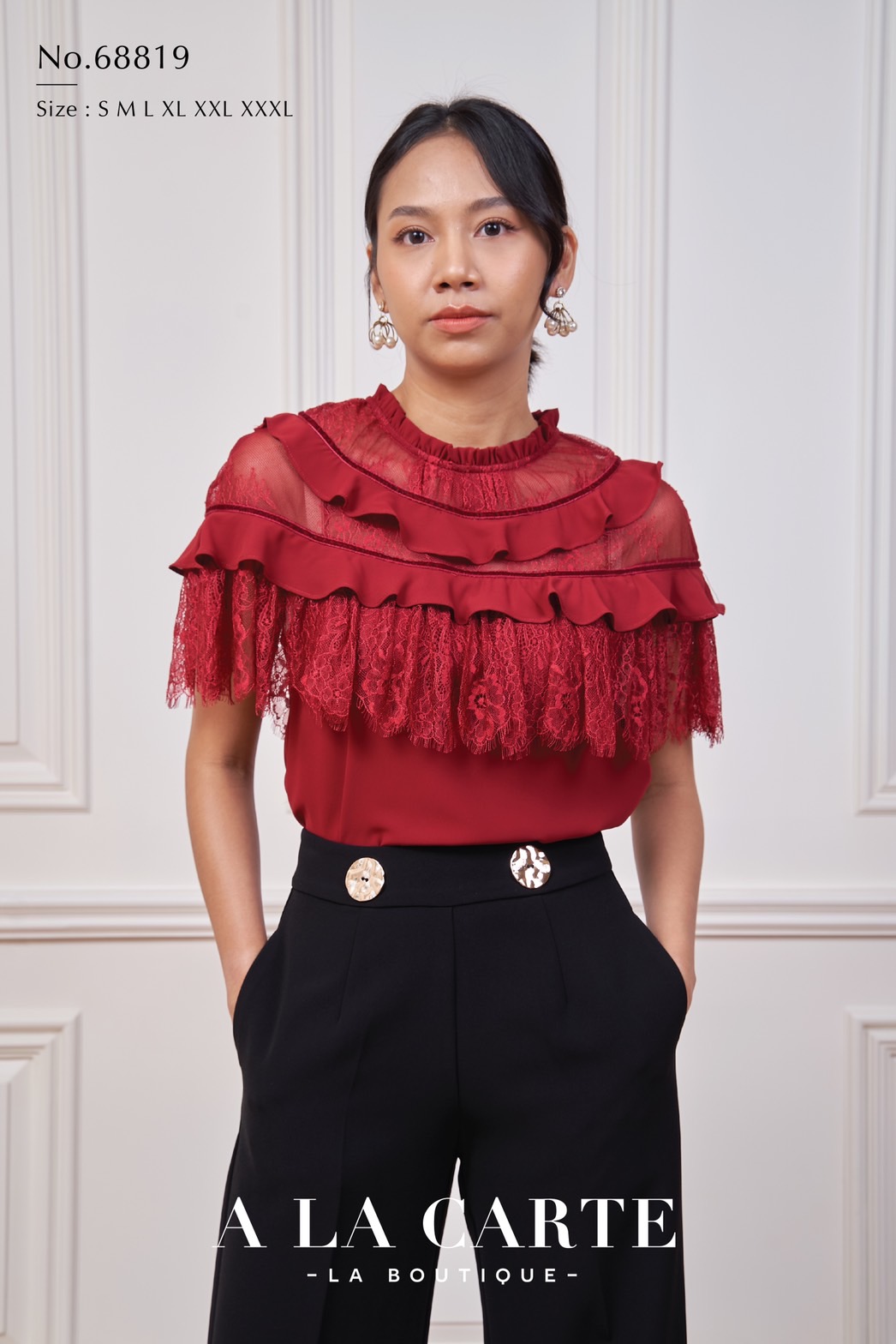 68819 เสื้อ A La Carte ชีฟองแขนสั้นตัดต่อผ้าลูกไม้เนื้อบางทรงโค้งชิ้นต่อชิ้น งานสวยหรู สีแดง L สีขาว XL-3XL สีเขียว M,L