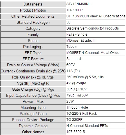 MOSFET N-Channel 13NM60N (TO220)