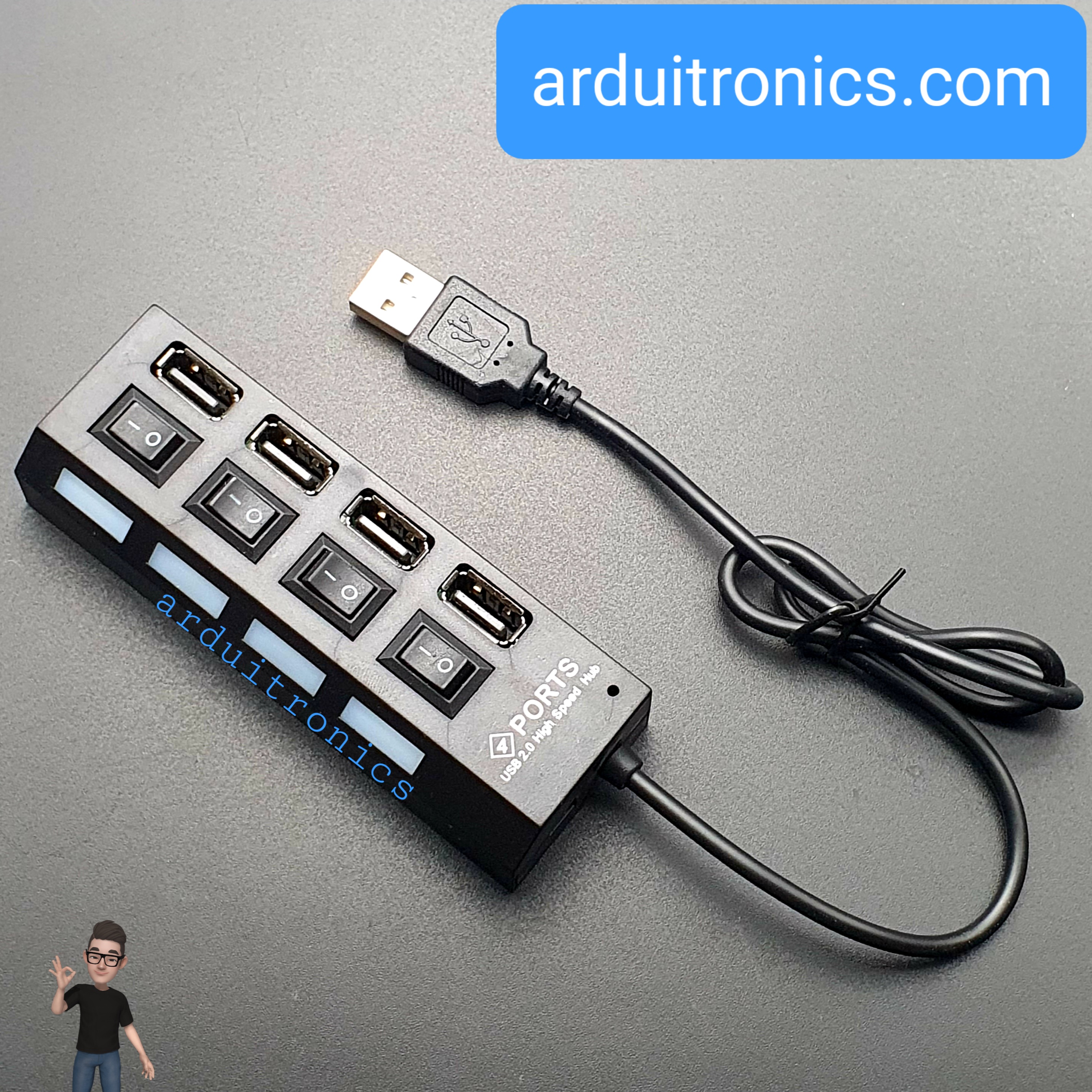 4 Ports USB Hub High-speed USB2.0 Individual LED Power Switches ( Black )