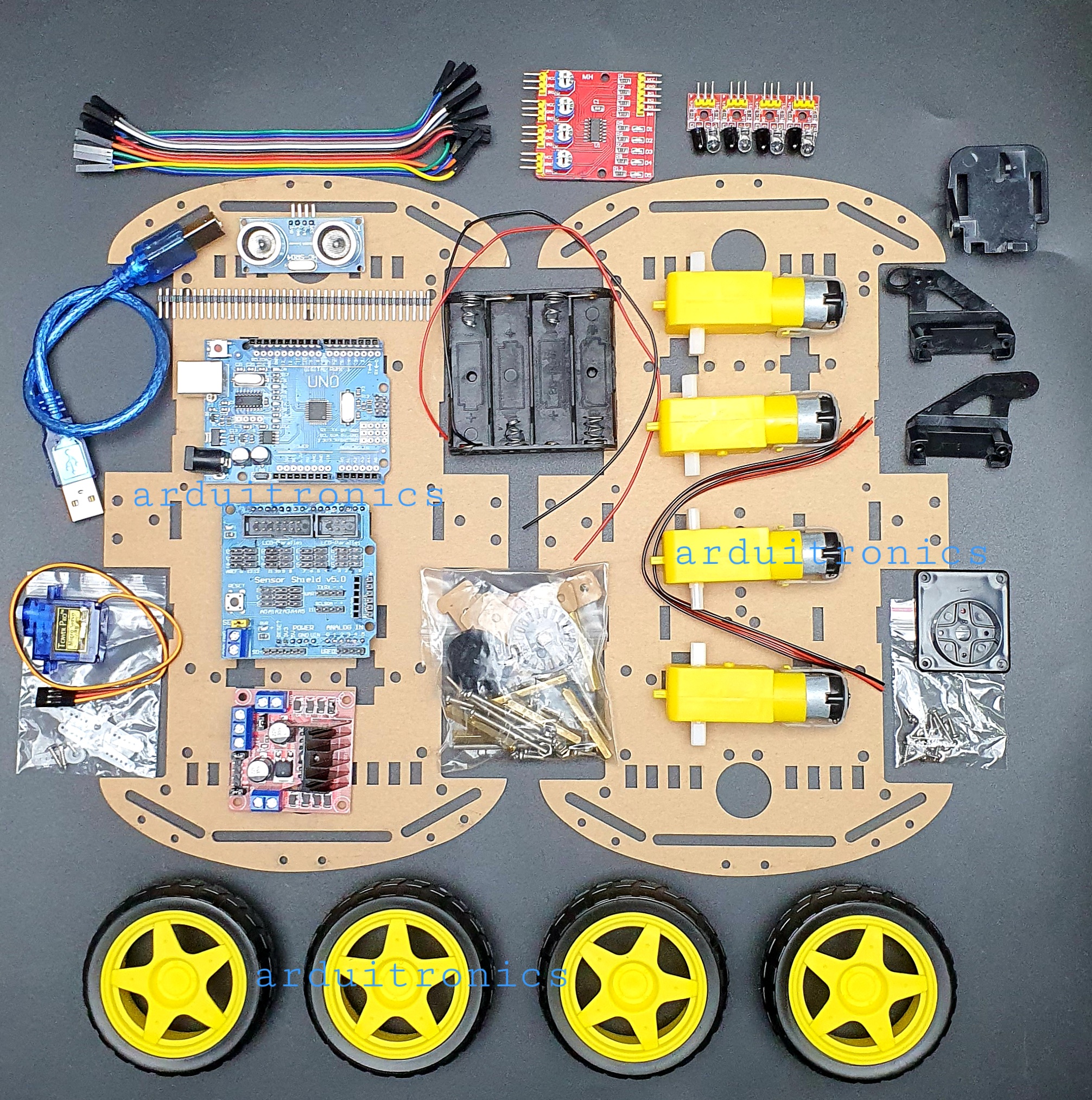 ชุด Arduino Smart Car Robot Kit 4 ล้อ (4WD) รถหุ่นยนต์หลบหลีกสิ่งกีดขวางและเดินตามเส้นครบชุด Smart Car Kit