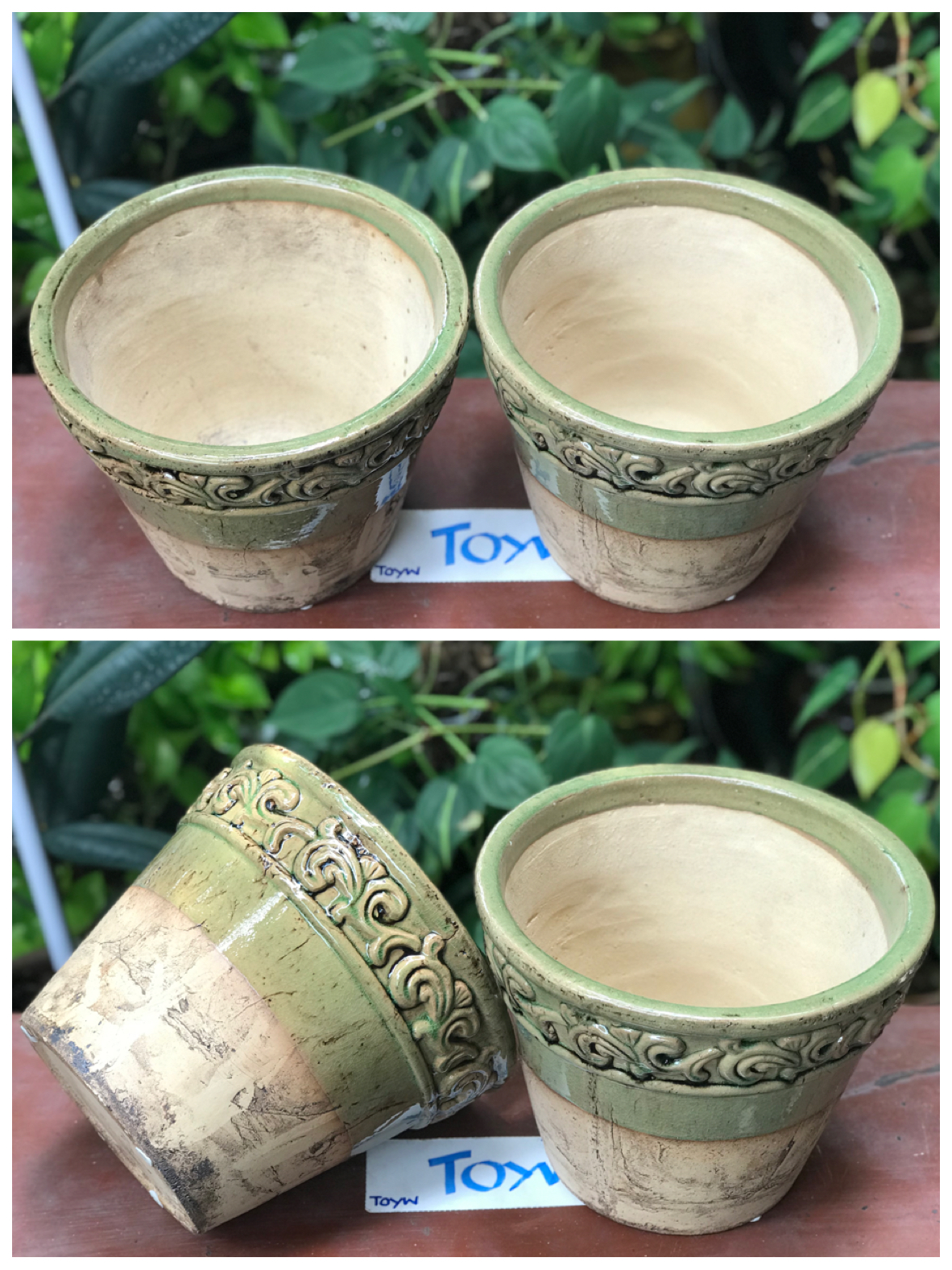 ขายคู่ ไม่รวมต้นไม้ เก็บเก่ากระถาง แจกันลายปั้นนูน น้ำเคลือบสีเขียว สวยสมบูรณ์ ไม่แตกไม่ร้าว ขนาดปากกว้าง 10 นิ้ว สูง 8 นิ้ว