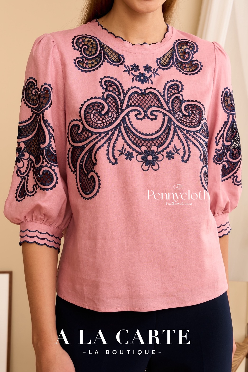 69862 เสื้อ A La Carte ลินินผสมคอตตอน งานปักฉลุ มีซับ เนื้อดีใส่สบาย by PENNY CLOTH