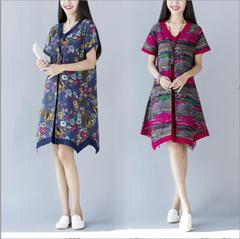Pre-Order เดรสผ้าฝ้าย ลายสีเบลน ตัดสีเรียบ กระโปรงปีกค้างคาว มีสีน้ำเงิน กับบานเย็น