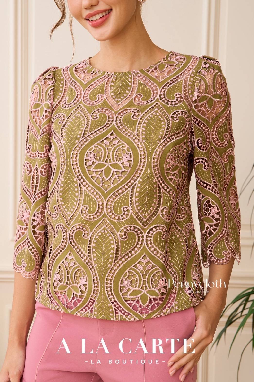 A La Carte รหัส 69998 เสื้องานปักลูกไม้จอร์เจีย คอกลม แข 3 ส่วนแฟร์ สวยหรู