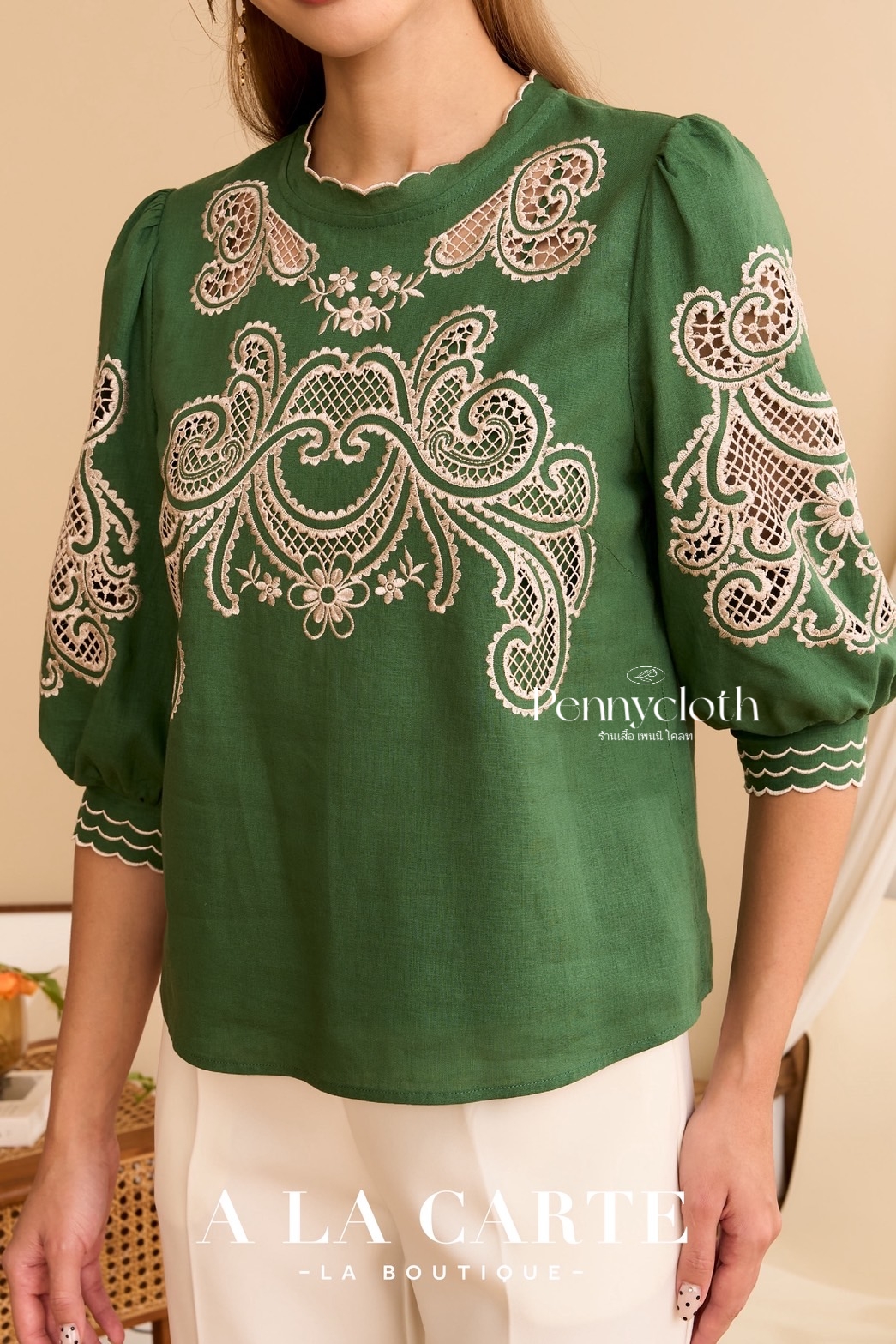 69862 เสื้อ A La Carte ลินินผสมคอตตอน งานปักฉลุ มีซับ เนื้อดีใส่สบาย by PENNY CLOTH