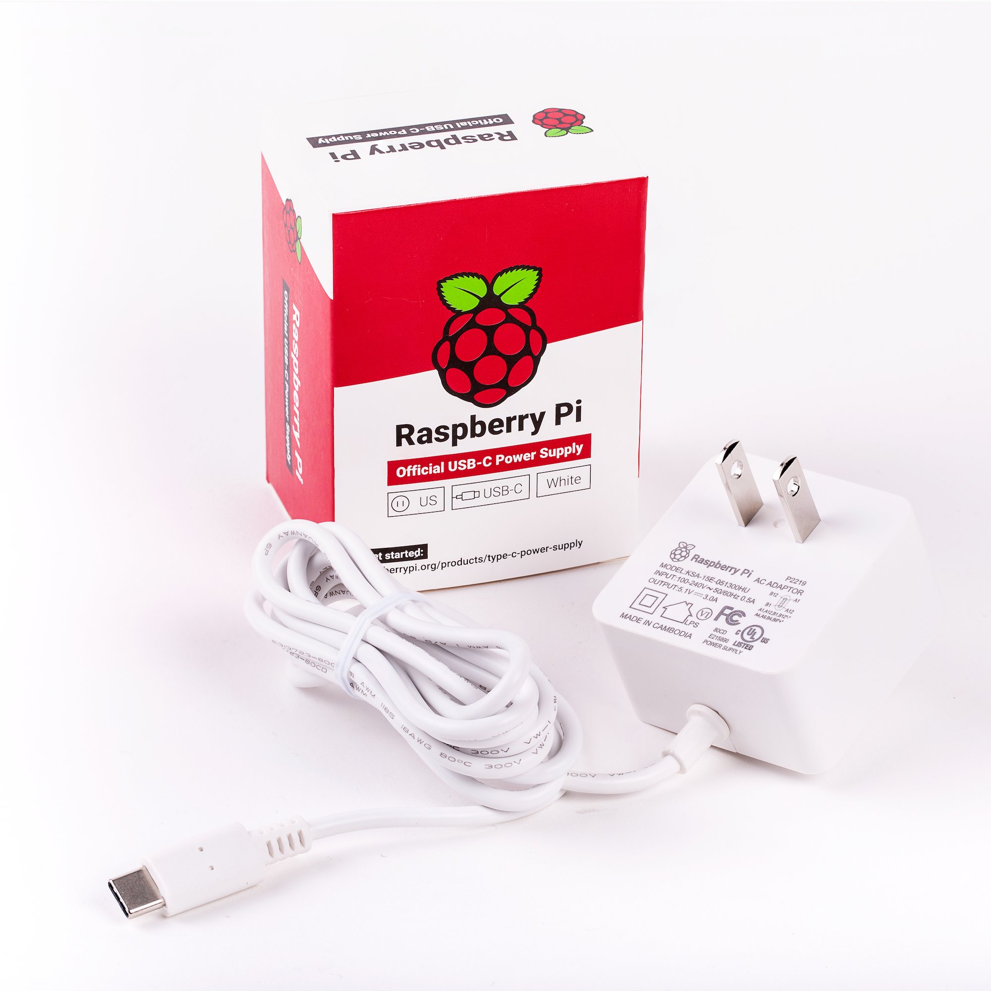 Official USB Type-C Power Supply (5.1V, 3A) for Raspberry Pi 4B White - หัวแบบ US (สีขาว มีโลโก้ Pi สลักบนหัวปลั๊ก)