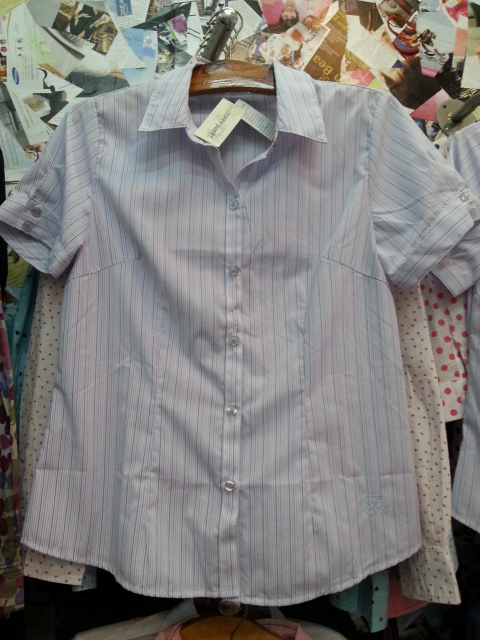 ลดล้างสต๊อค เสื้อทำงาน TOFFY SWEET แขนสั้น ริ้วสีม่วง แพทเทริ์นทรงเข้ารูป ค่ะ