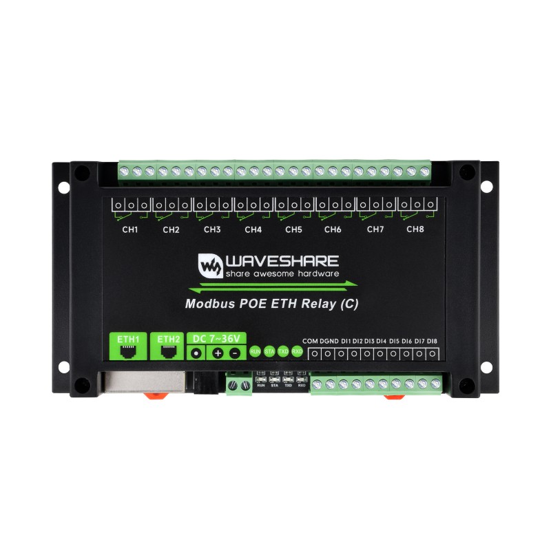 Dual Ethernet Ports 8-ch Relay Module (C), Modbus RTU Protocol, PoE Power Supply, With Various Isolation And Protection Circuits, Industrial Grade Rail-Mount Case (แท้ Waveshare)